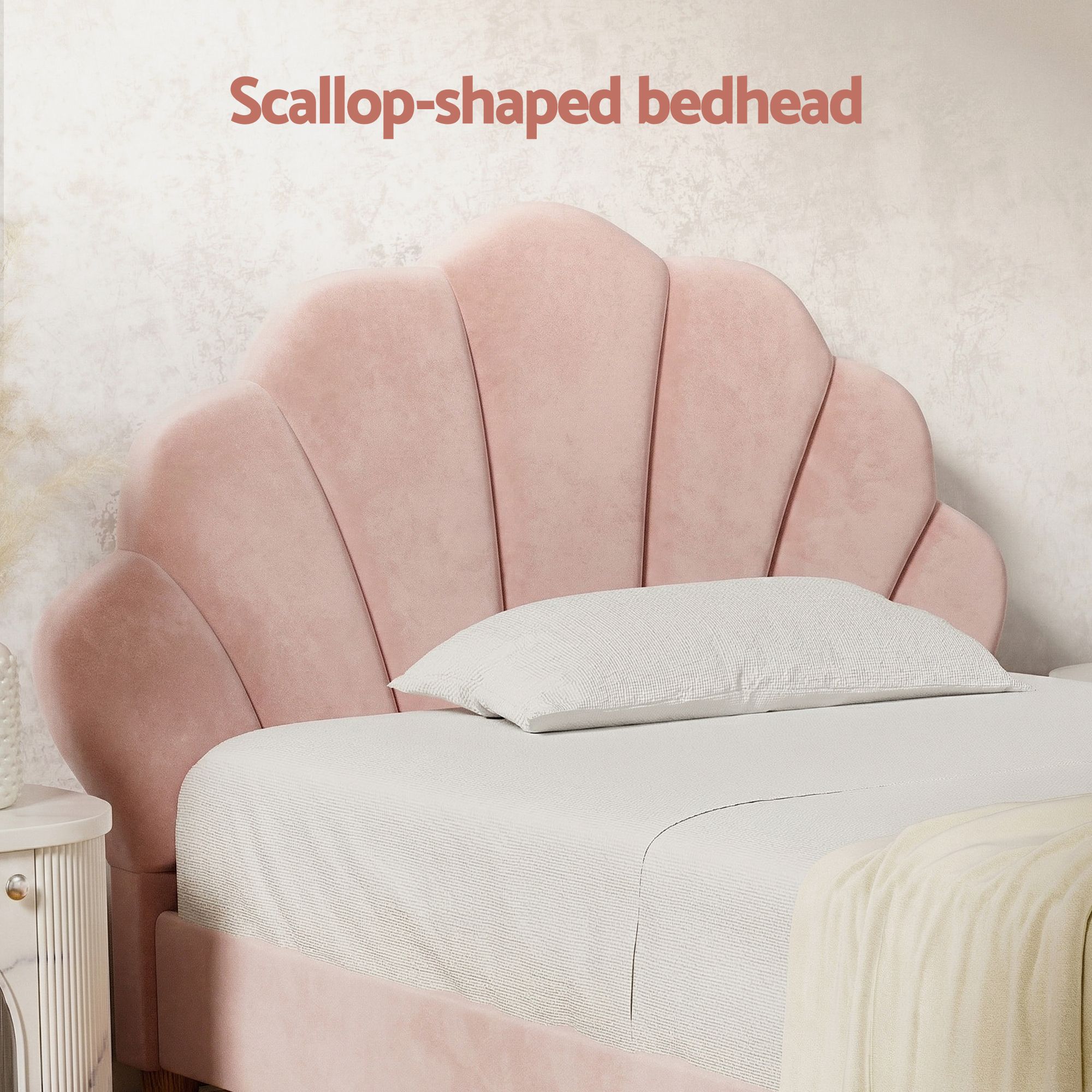 Artiss King Single Bed Frame BedStory Mattress Set Pink Velvet Scallop Bedhead with 20cm Mattress - Image 6