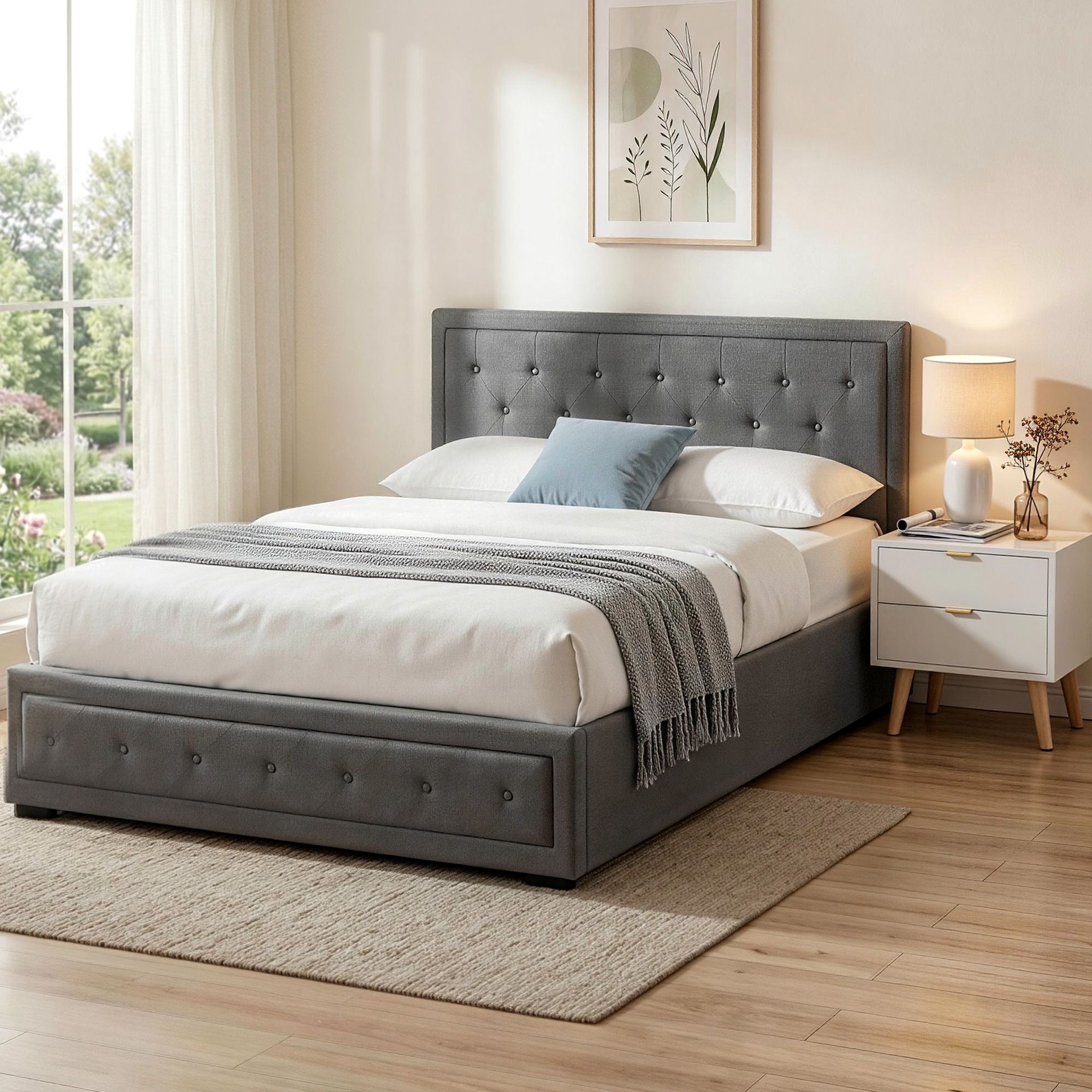 Artiss Upholstered Queen Gas Lift Storage Bed Frame with 2-Drawer Bedside Table Set - Image 1