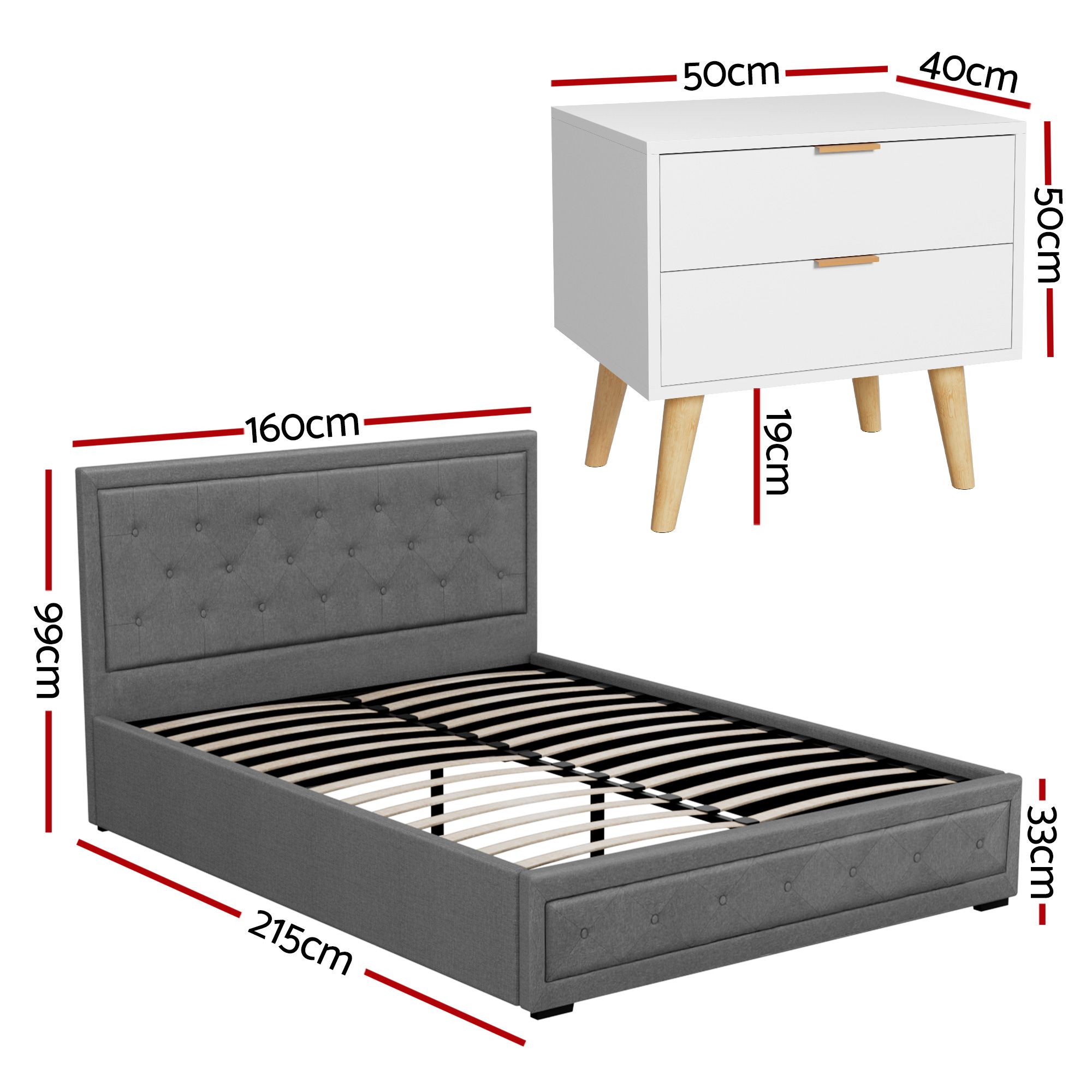 Artiss Upholstered Queen Gas Lift Storage Bed Frame with 2-Drawer Bedside Table Set - Image 2