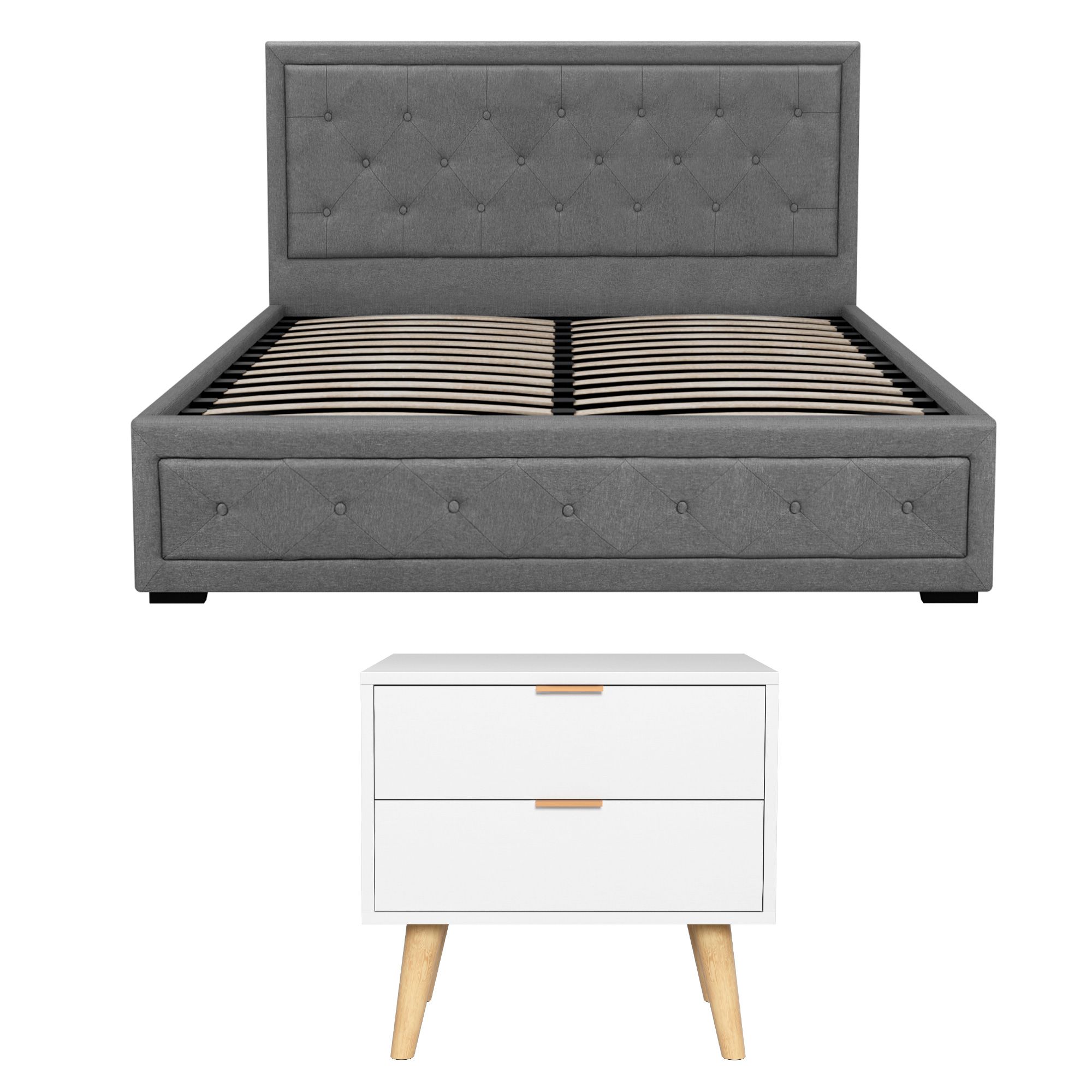 Artiss Upholstered Queen Gas Lift Storage Bed Frame with 2-Drawer Bedside Table Set - Image 3