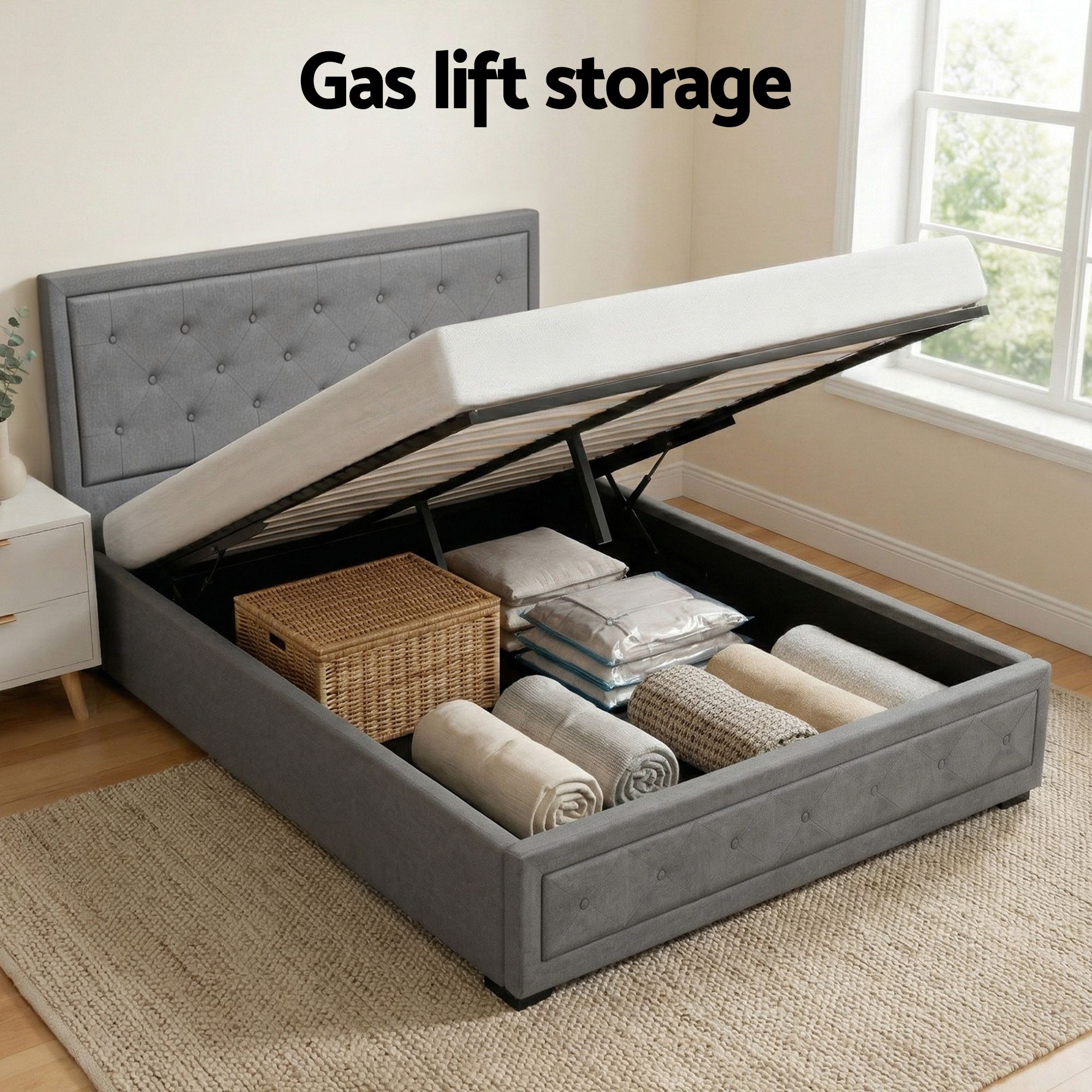 Artiss Upholstered Queen Gas Lift Storage Bed Frame with 2-Drawer Bedside Table Set - Image 4