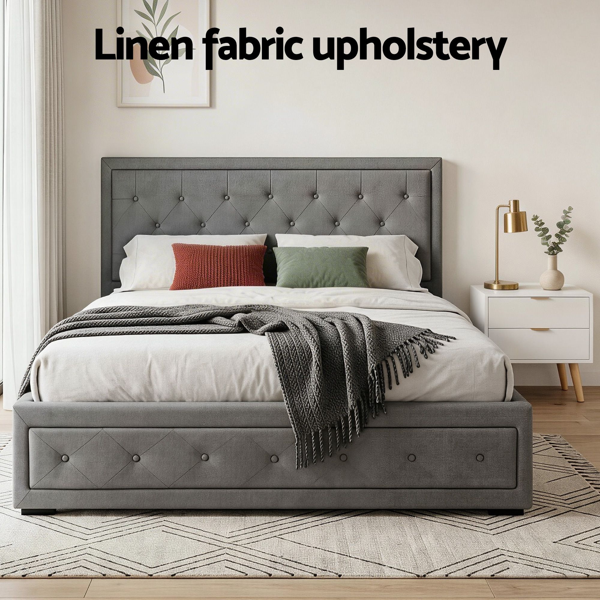 Artiss Upholstered Queen Gas Lift Storage Bed Frame with 2-Drawer Bedside Table Set - Image 5