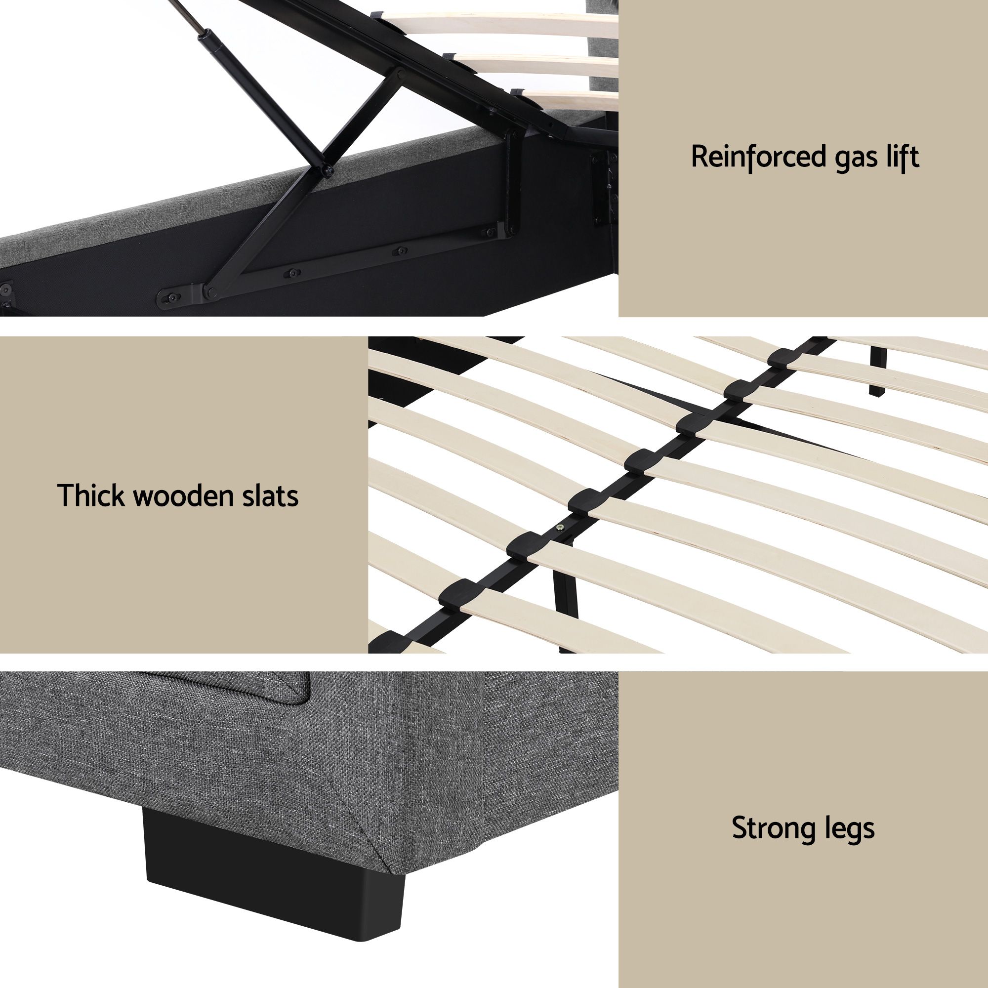 Artiss Upholstered Queen Gas Lift Storage Bed Frame with 2-Drawer Bedside Table Set - Image 6