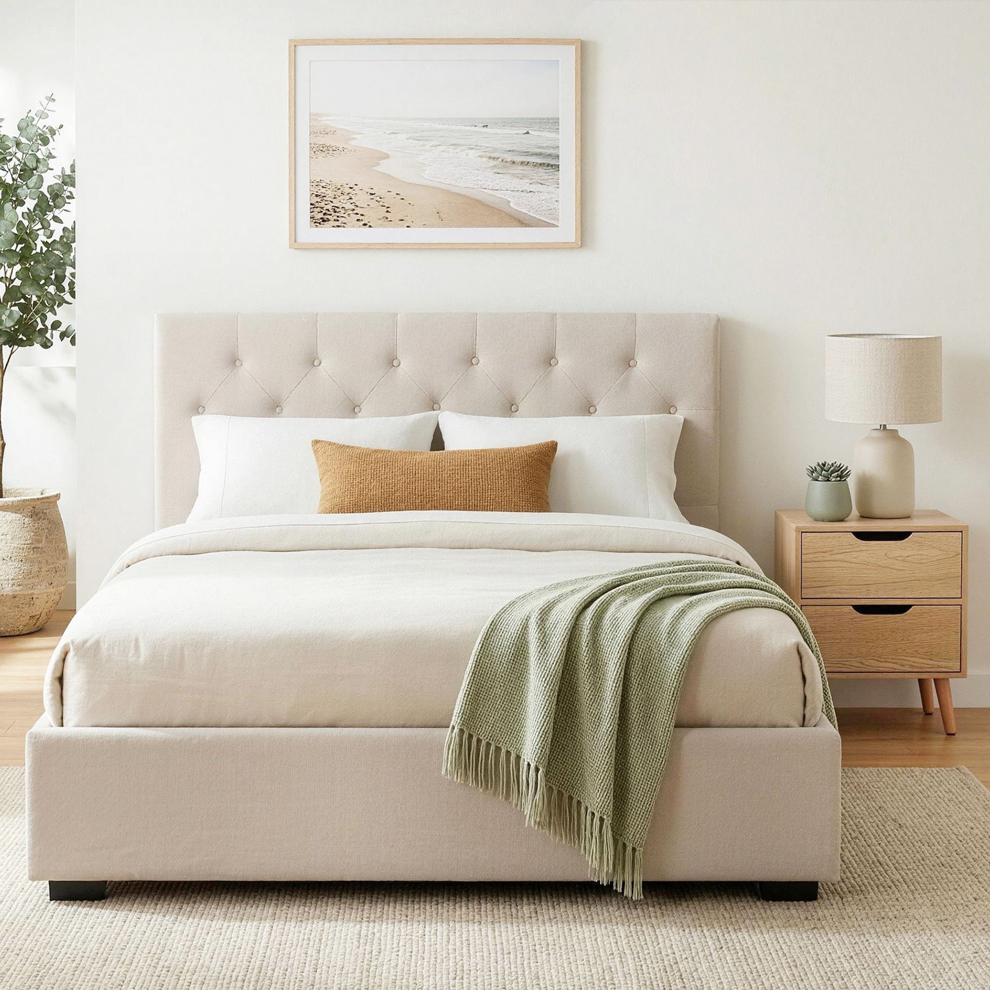 Artiss Double Bed Frame with Storage and Bedside Table Set Tufted Linen Gas Lift Bed Base and 2-Drawer Nightstand - Image 1