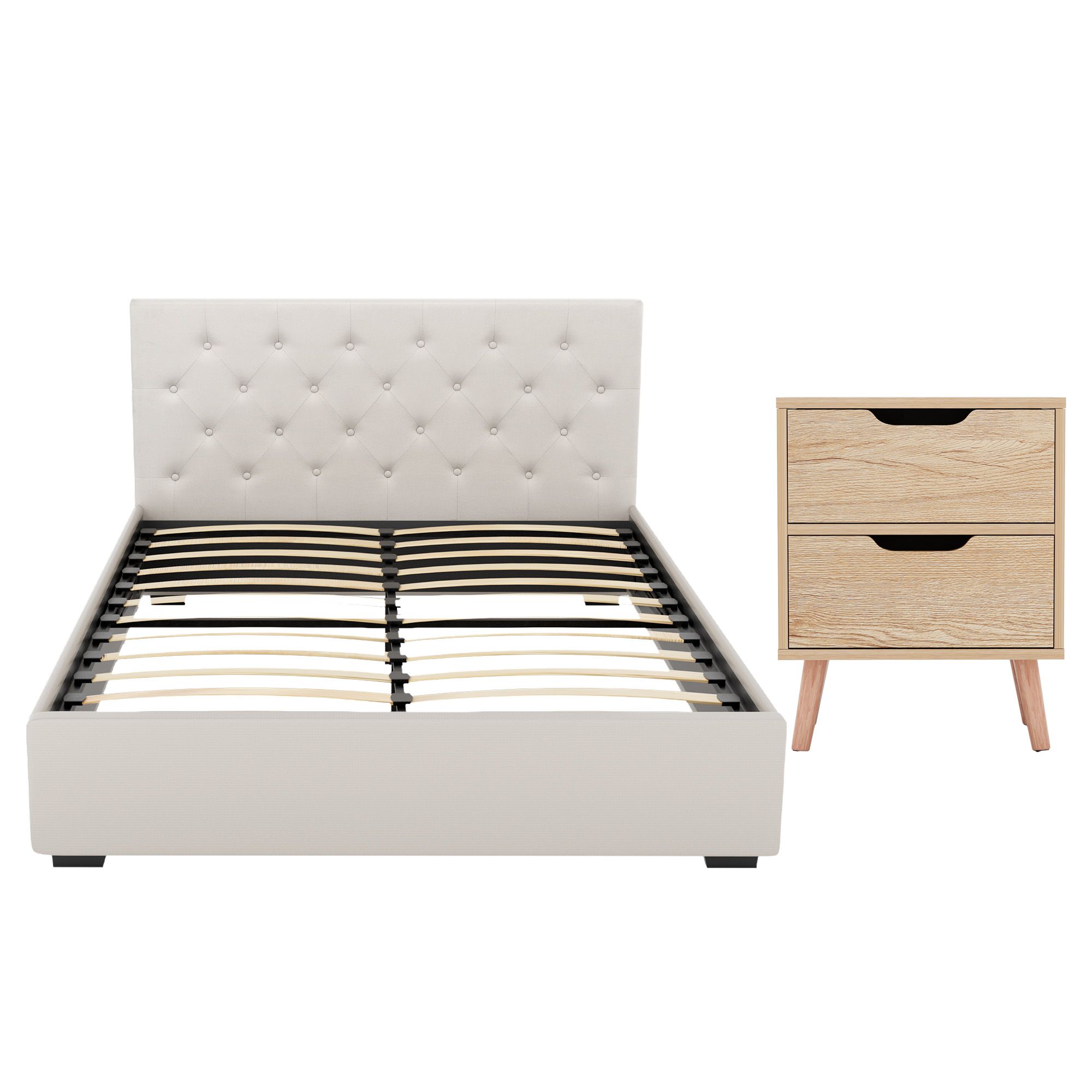 Artiss Double Bed Frame with Storage and Bedside Table Set Tufted Linen Gas Lift Bed Base and 2-Drawer Nightstand - Image 2