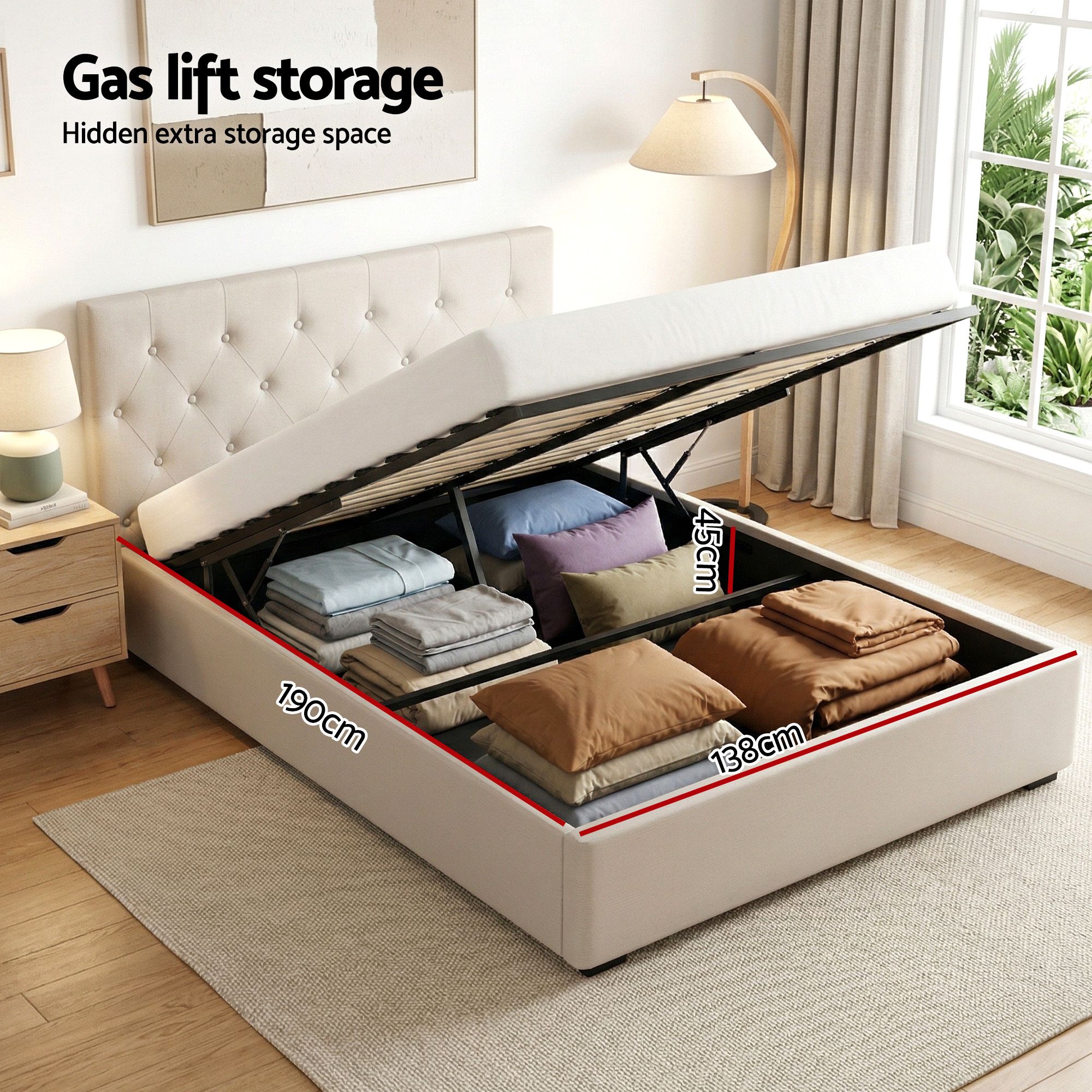 Artiss Double Bed Frame with Storage and Bedside Table Set Tufted Linen Gas Lift Bed Base and 2-Drawer Nightstand - Image 5
