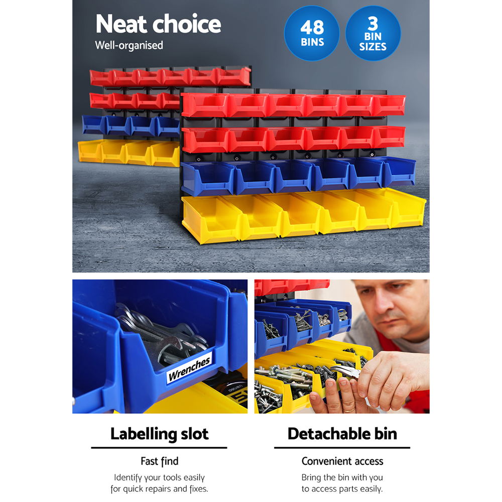 Giantz 48 Storage Bin Rack Wall Mounted Peg Board - Image 5
