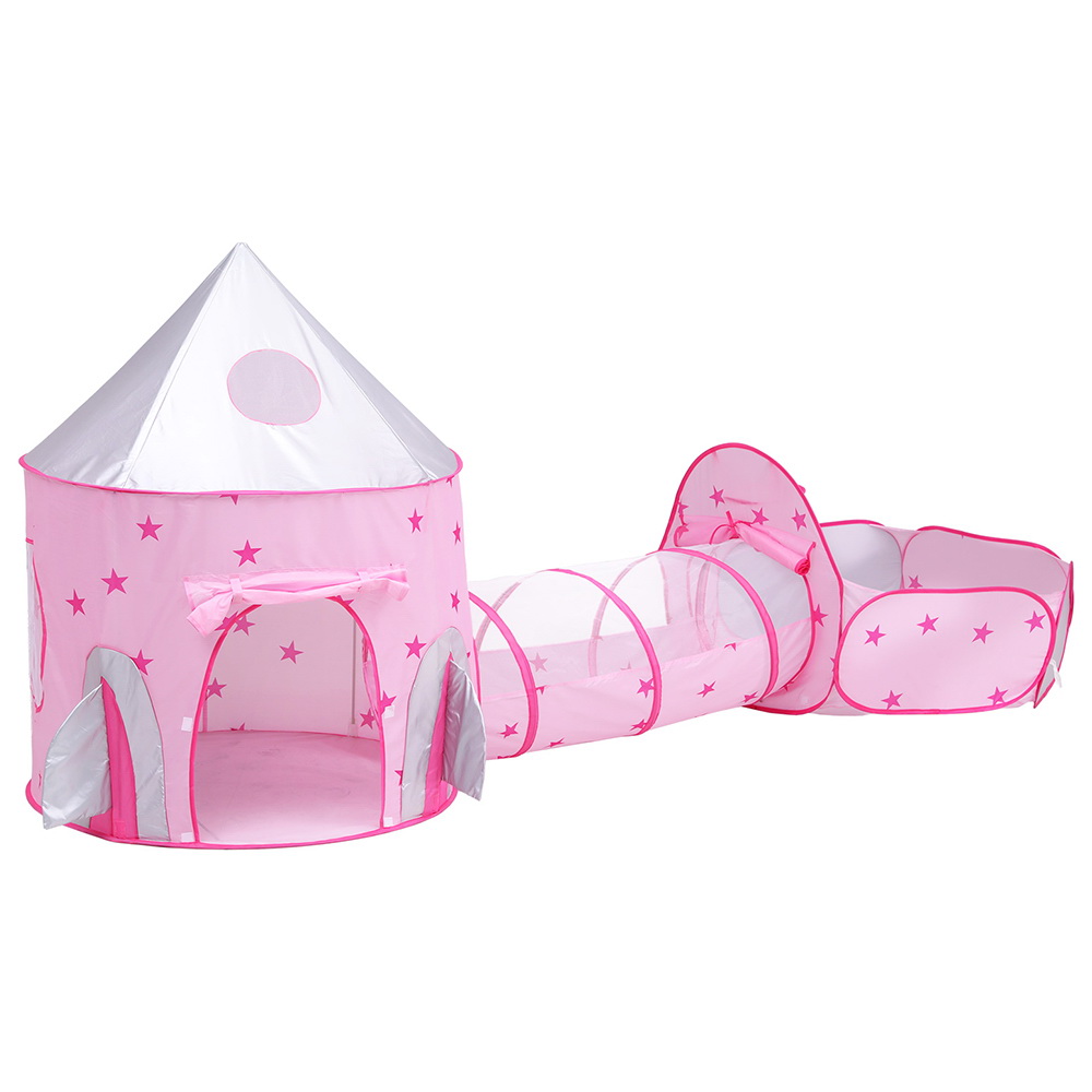 Keezi Kids Playhouse Play Tent Pop Up Castle Crawl Tunnel Basketball Hoop Pink - Image 1