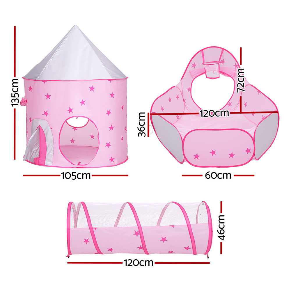 Keezi Kids Playhouse Play Tent Pop Up Castle Crawl Tunnel Basketball Hoop Pink - Image 2