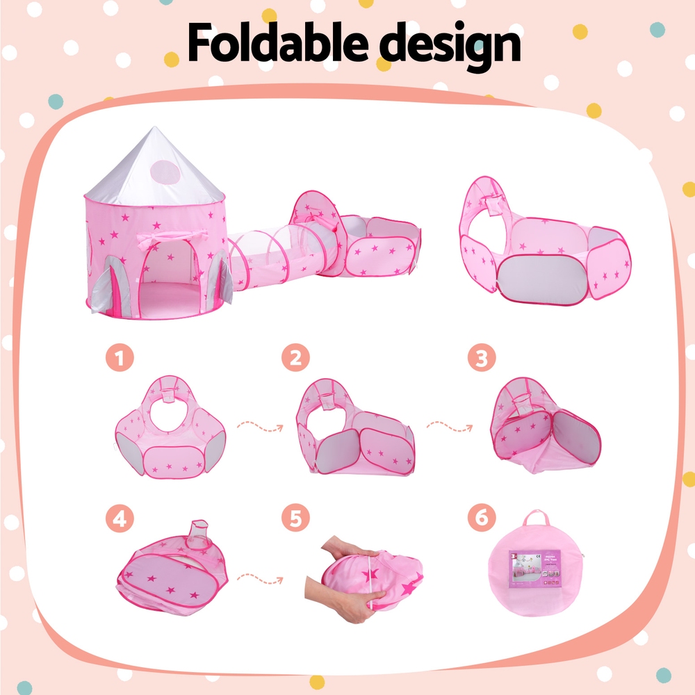 Keezi Kids Playhouse Play Tent Pop Up Castle Crawl Tunnel Basketball Hoop Pink - Image 5