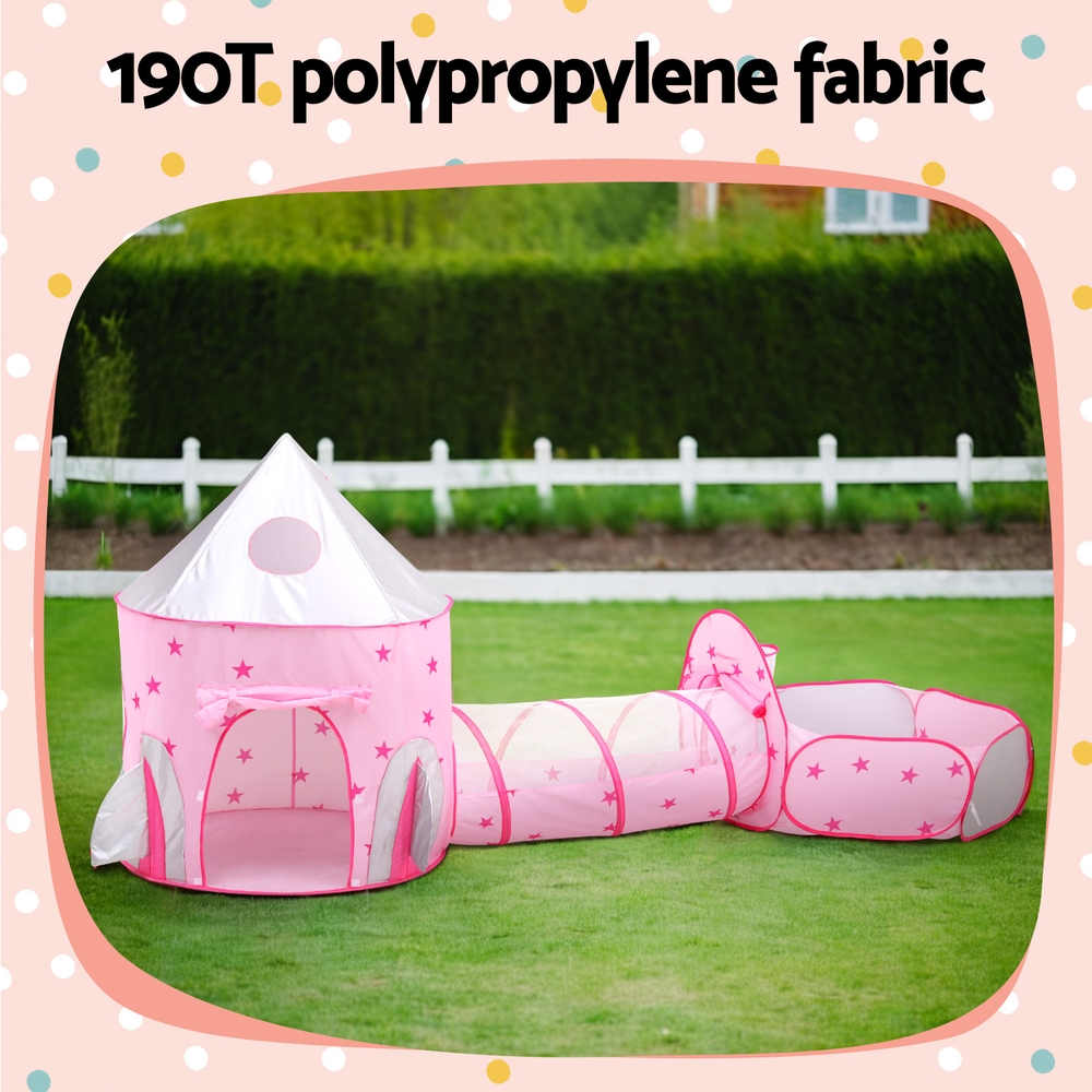 Keezi Kids Playhouse Play Tent Pop Up Castle Crawl Tunnel Basketball Hoop Pink - Image 6