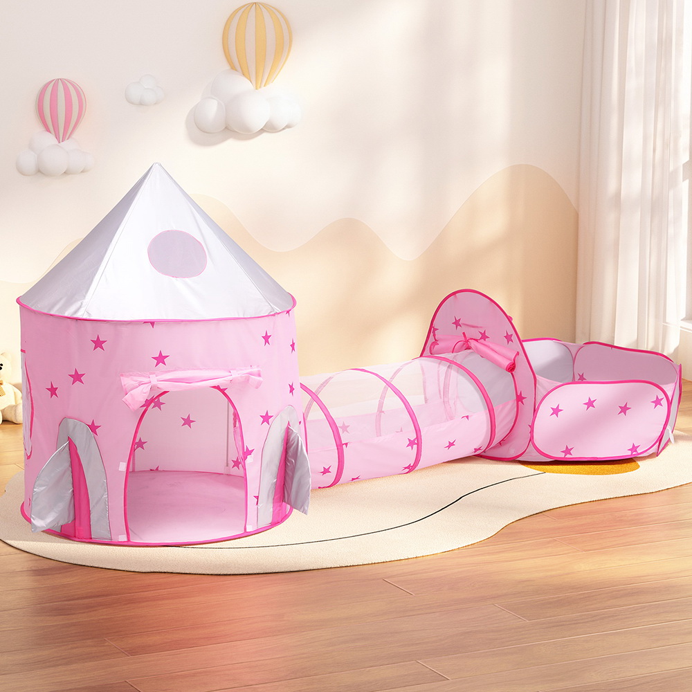 Keezi Kids Playhouse Play Tent Pop Up Castle Crawl Tunnel Basketball Hoop Pink - Image 7