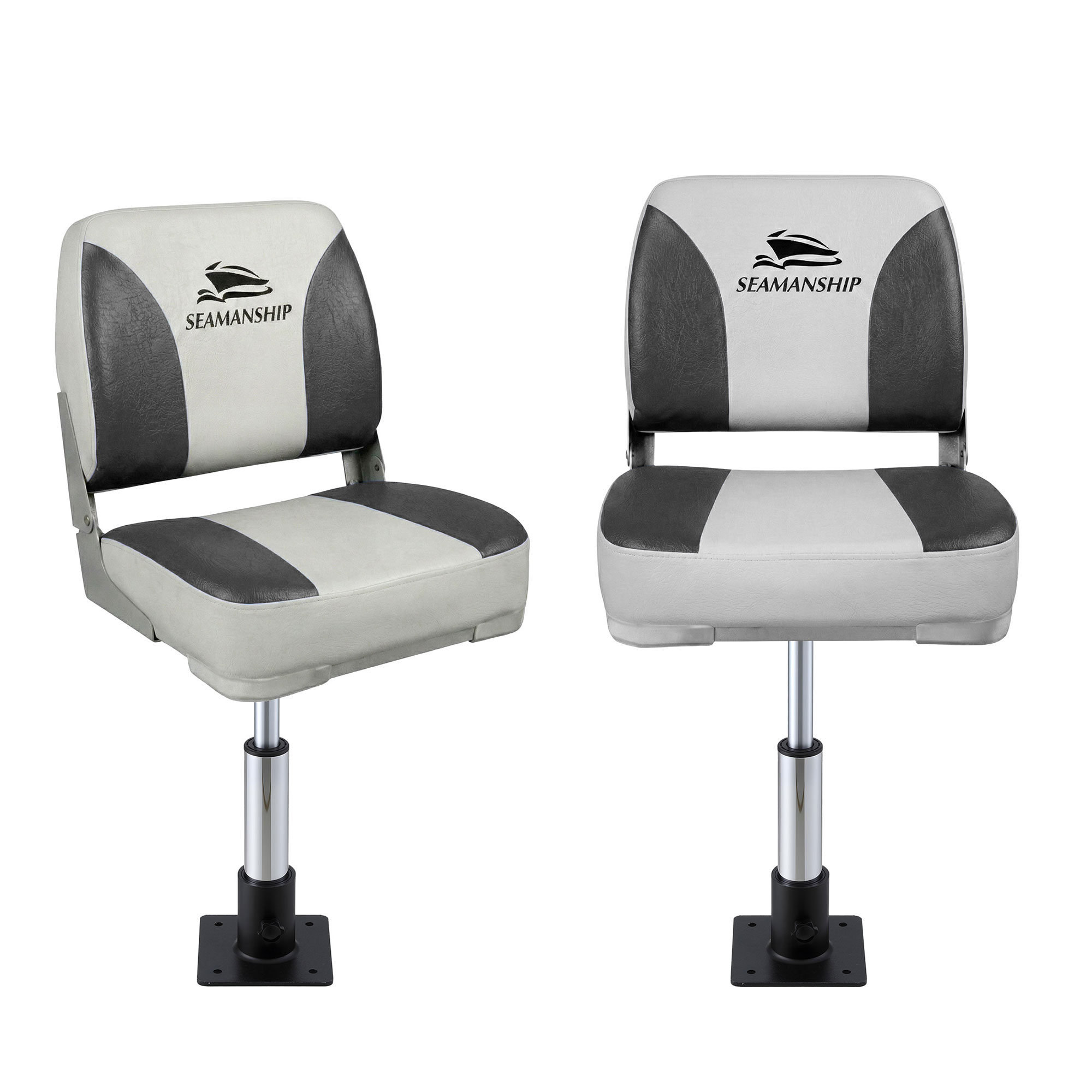 Seamanship 2X Folding Boat Seats with 2X Adjustable Pedestals 34–46cm Marine Swivel Low Back 13cm Padding Charcoal - Image 1
