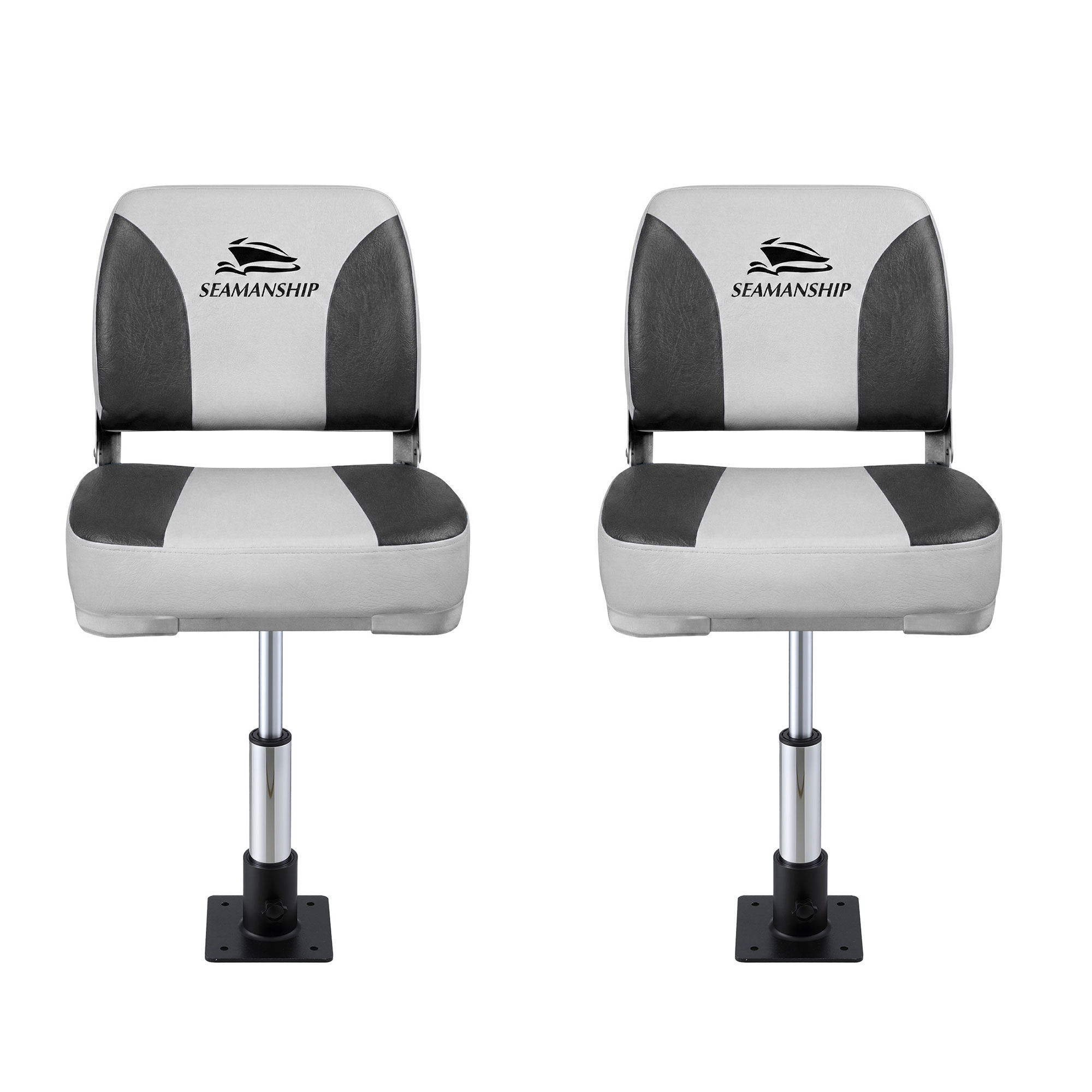 Seamanship 2X Folding Boat Seats with 2X Adjustable Pedestals 34–46cm Marine Swivel Low Back 13cm Padding Charcoal - Image 3