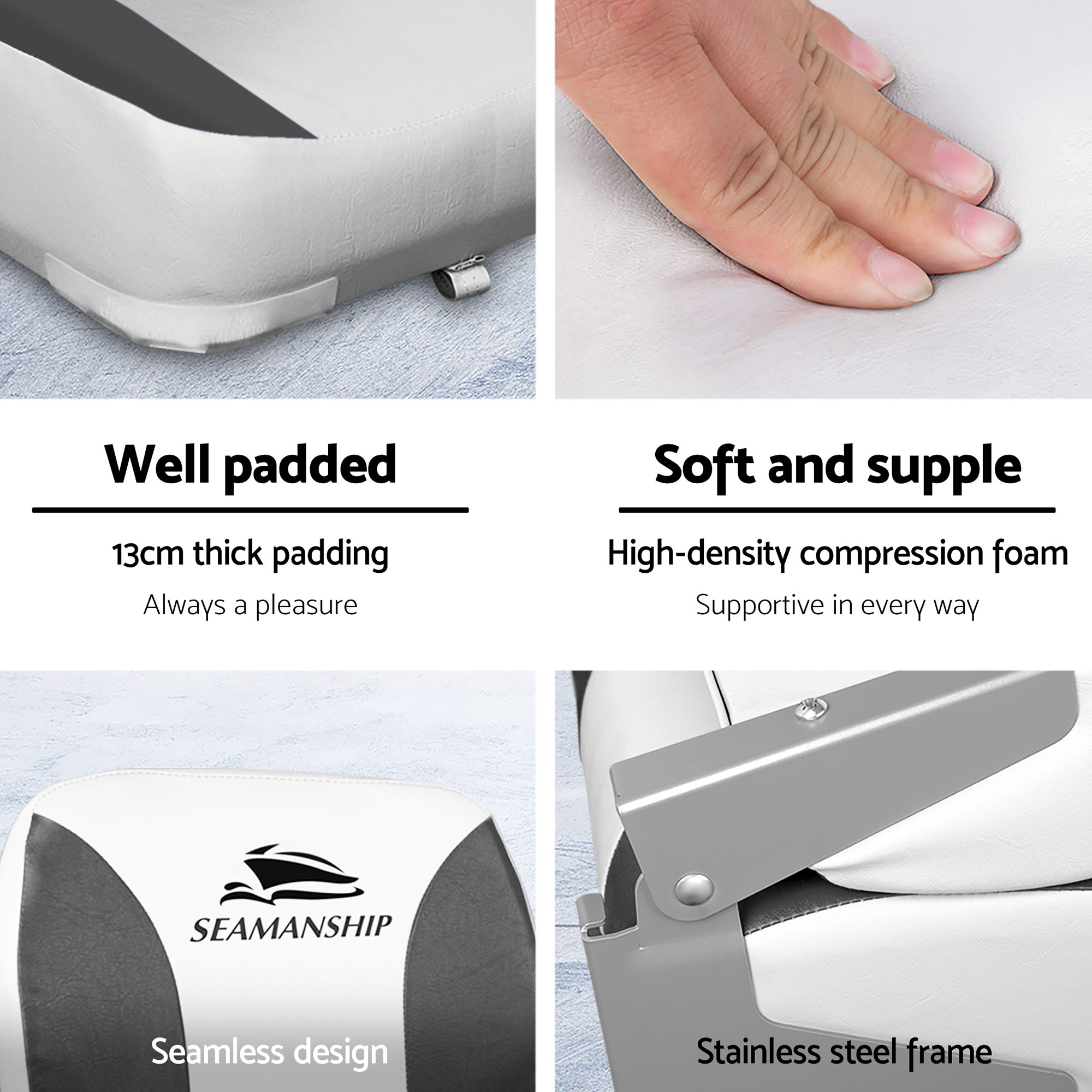 Seamanship 2X Folding Boat Seats with 2X Adjustable Pedestals 34–46cm Marine Swivel Low Back 13cm Padding Charcoal - Image 4