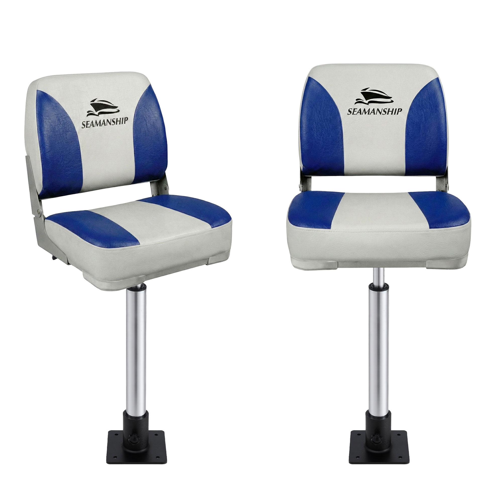 Seamanship 2X Folding Boat Seats with 2X Adjustable Pedestals 55–75cm Marine Swivel Low Back 13cm Padding White Blue - Image 1