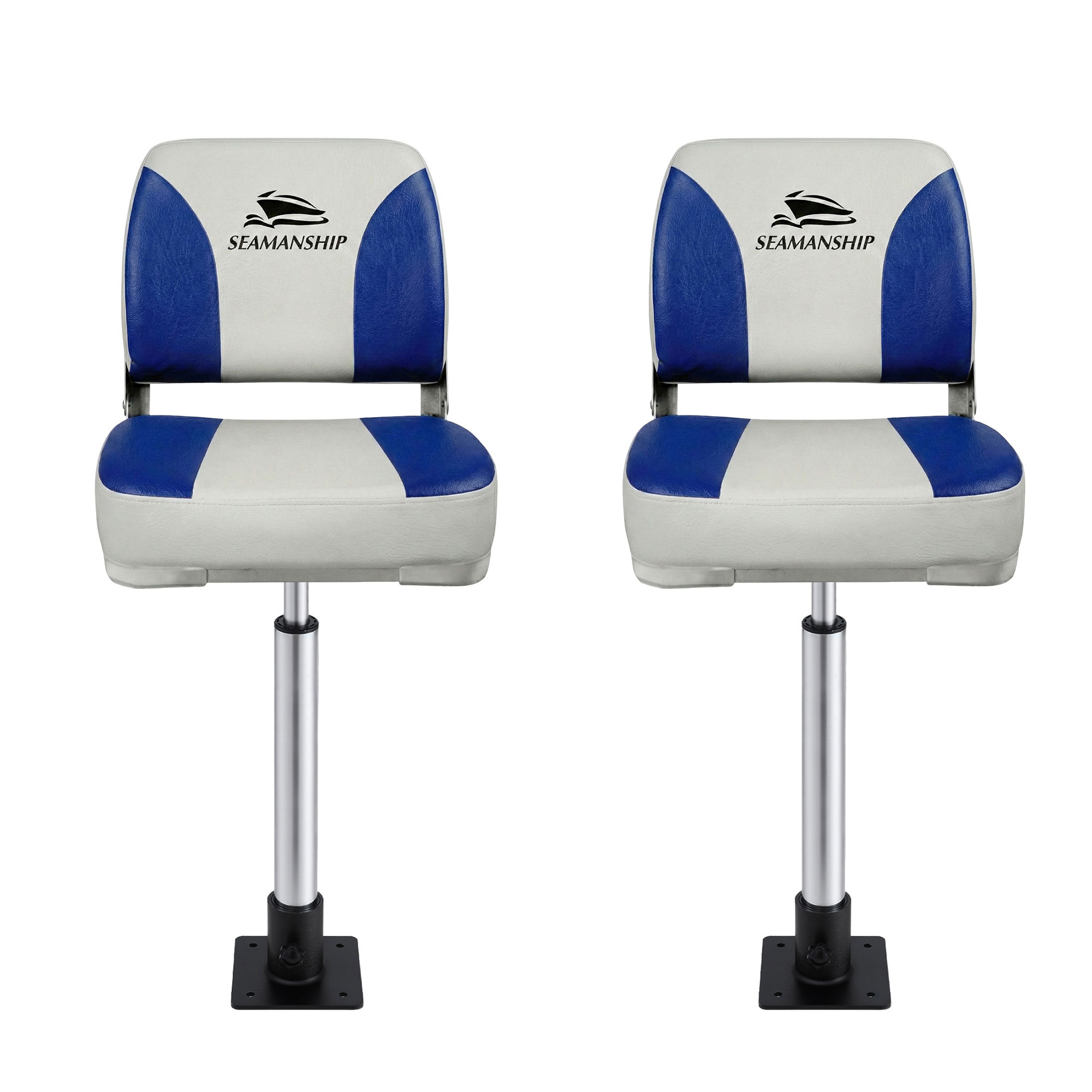 Seamanship 2X Folding Boat Seats with 2X Adjustable Pedestals 55–75cm Marine Swivel Low Back 13cm Padding White Blue - Image 3