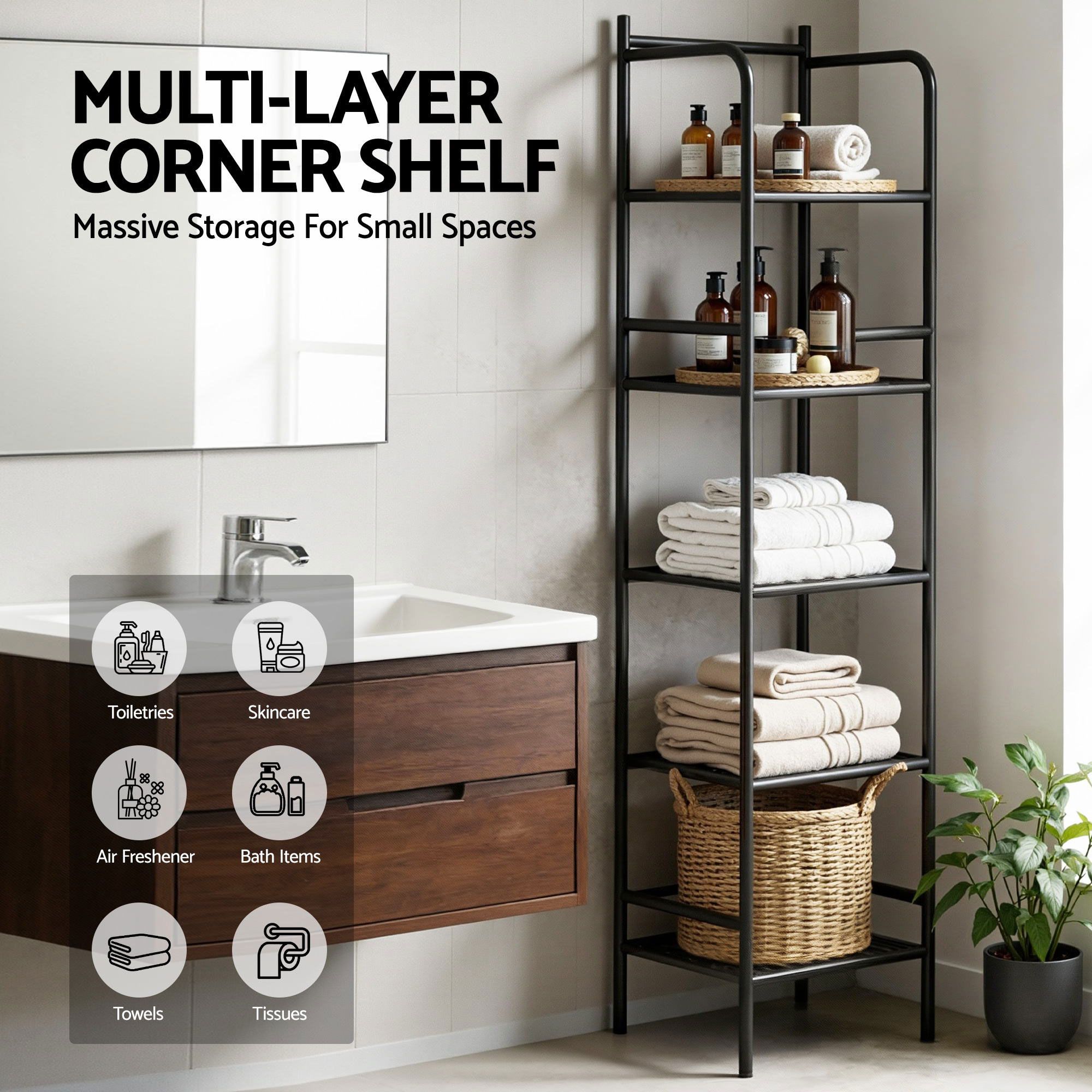 Artiss 2X Floor Standing Corner Shower Caddy 5 Tier Bathroom Organizer Black - Image 5