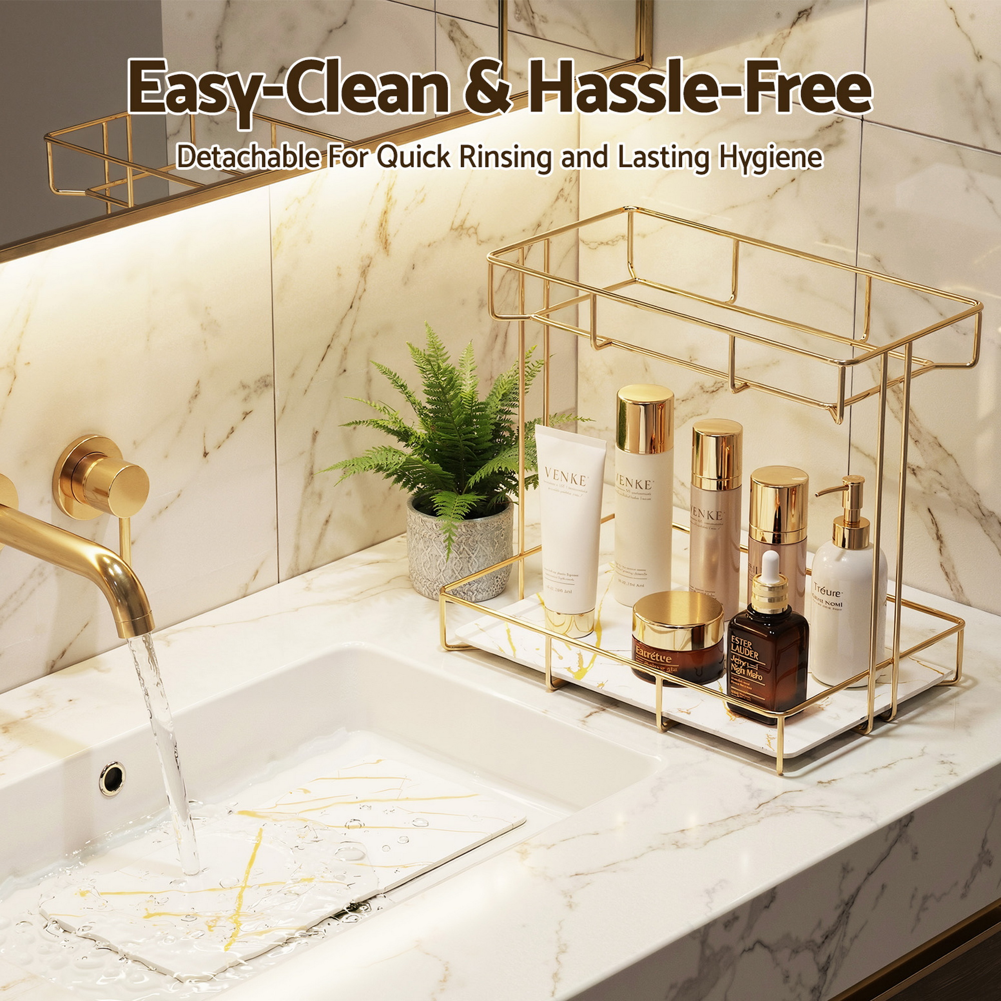 Artiss Bathroom Storage Rack 2 Tier Corner Organiser Gold Marble Look - Image 8