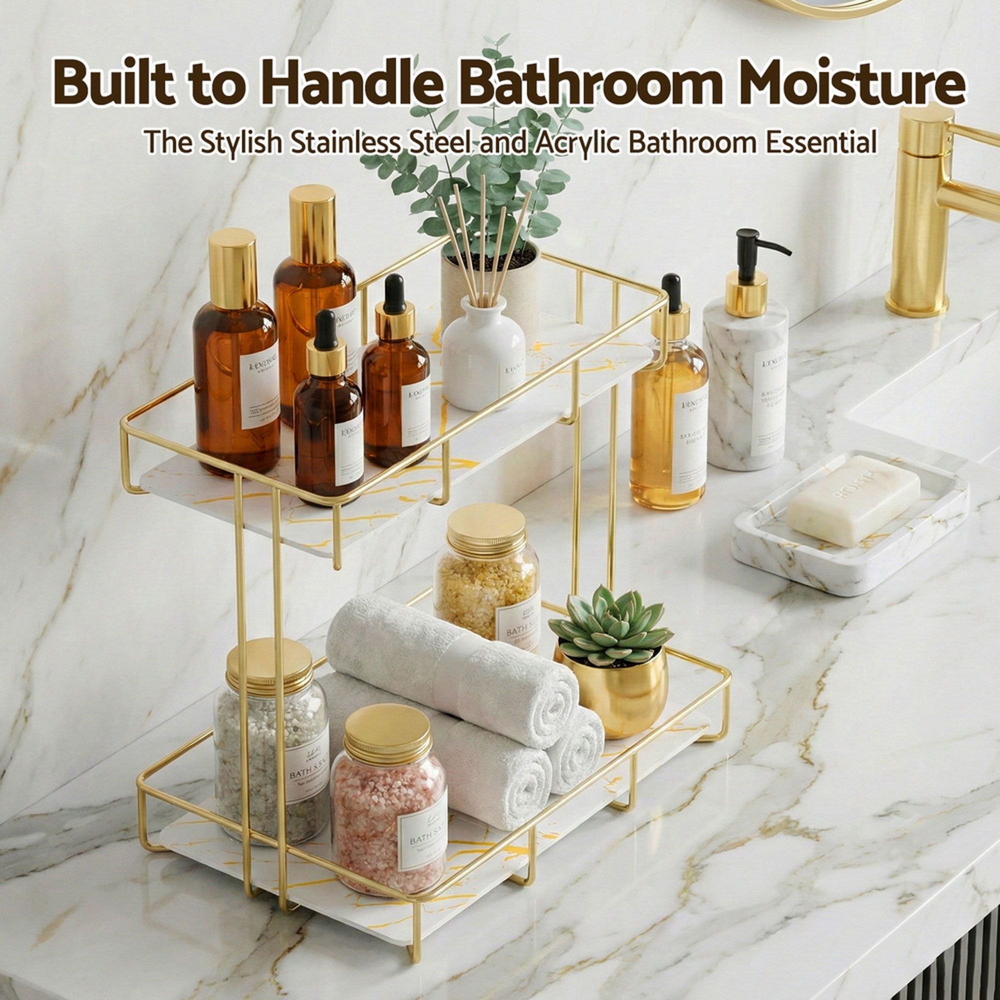 Artiss 2X Bathroom Storage Rack 2 Tier Corner Organiser Gold Marble Look - Image 4