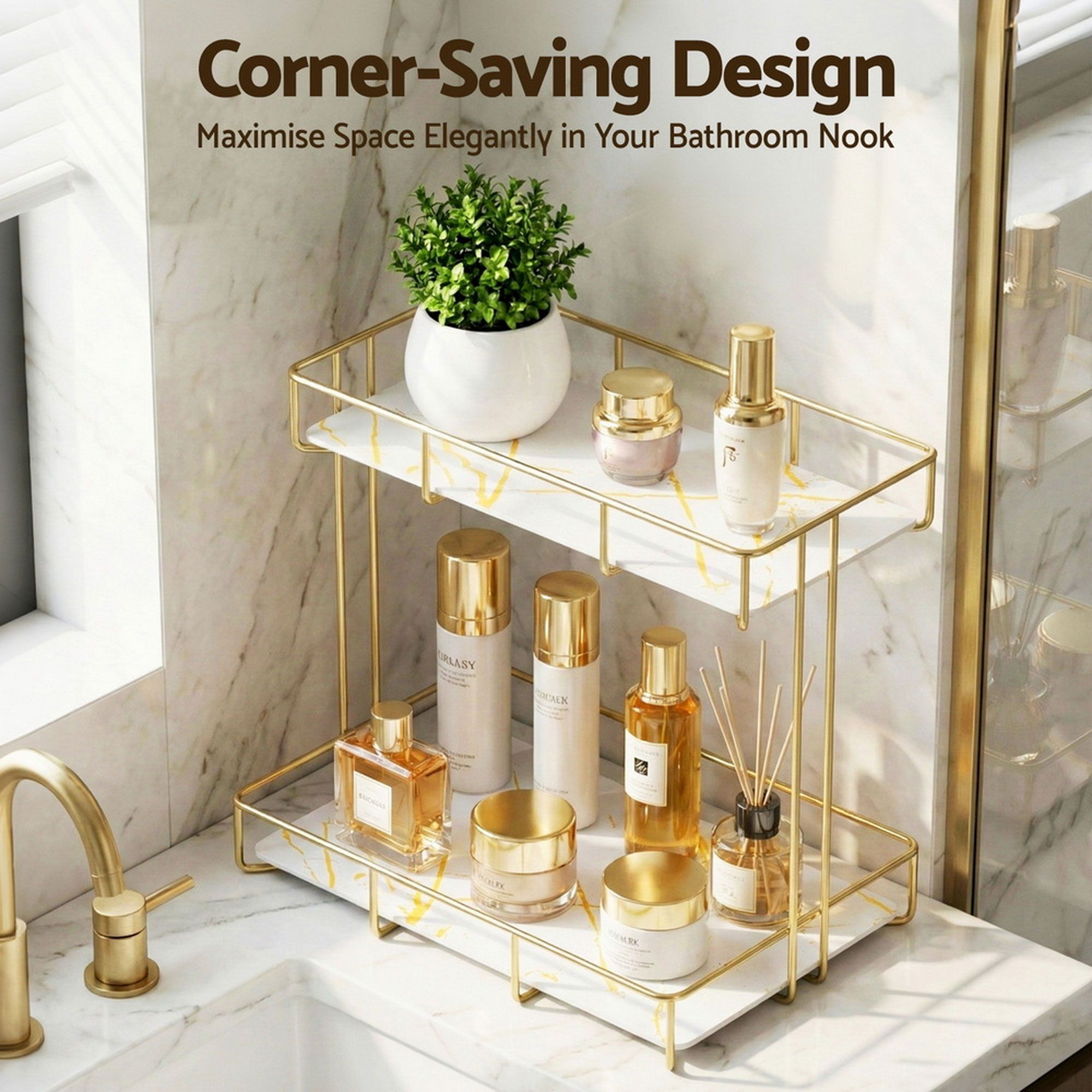 Artiss 2X Bathroom Storage Rack 2 Tier Corner Organiser Gold Marble Look - Image 6