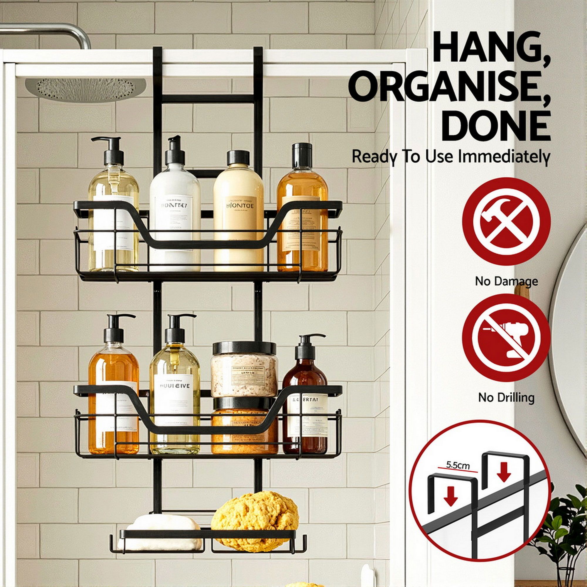 Artiss 2X 3 Tier Over The Door Shower Caddy Hanging Bathroom Storage Organizer - Image 4
