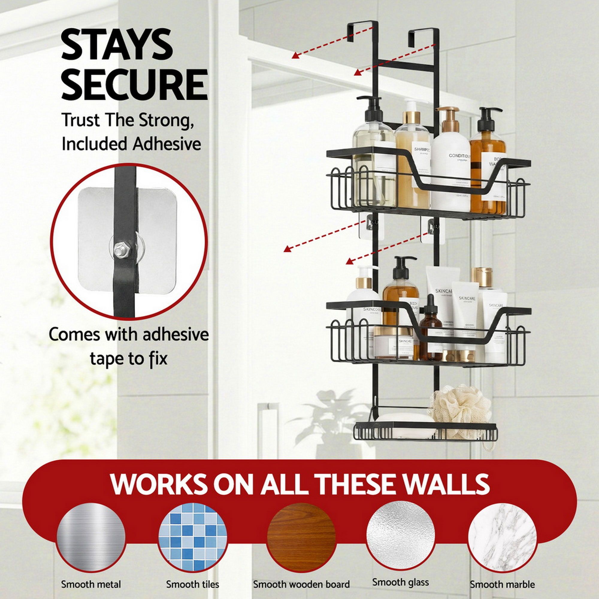 Artiss 2X 3 Tier Over The Door Shower Caddy Hanging Bathroom Storage Organizer - Image 7