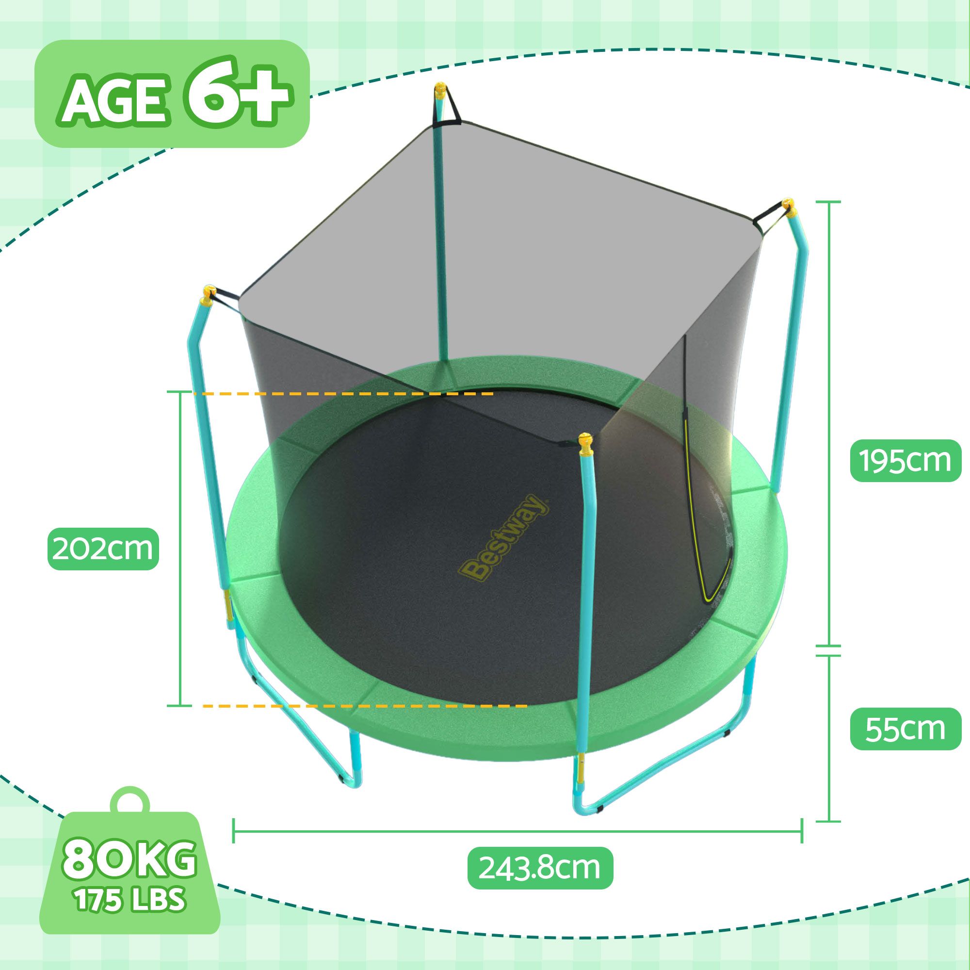 Bestway 8ft Trampoline Kids Rebounder Safety Net Enclosure Outdoor Fitness 2.44m for Ages 6+ - Image 2