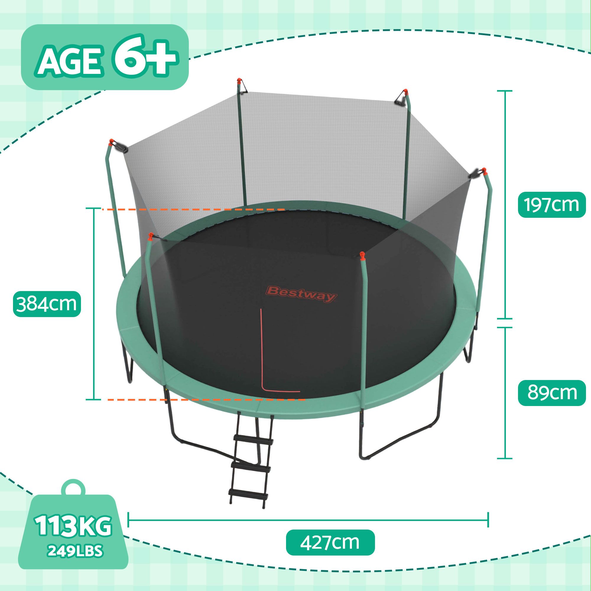 Bestway 14ft Trampoline Kids Rebounder Safety Net Enclosure Outdoor Fitness 4.27m for Ages 6+ - Image 2