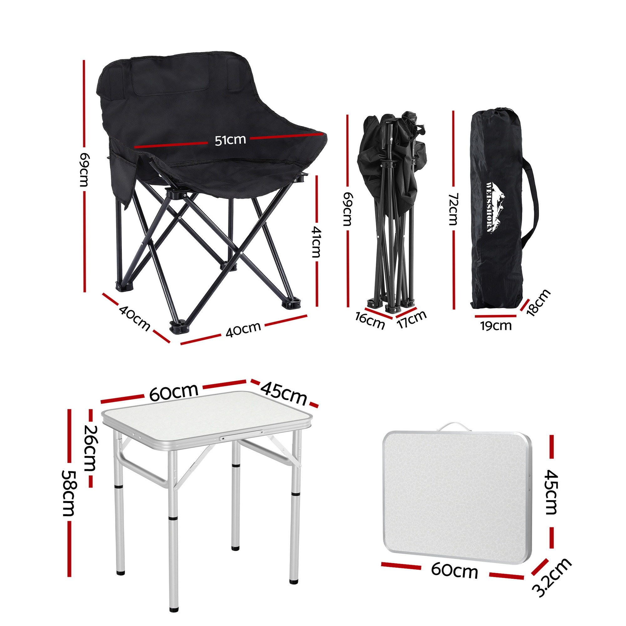 Weisshorn 3pc Camping Table Chair Set Outdoor Folding Aluminium Portable Picnic - Image 2