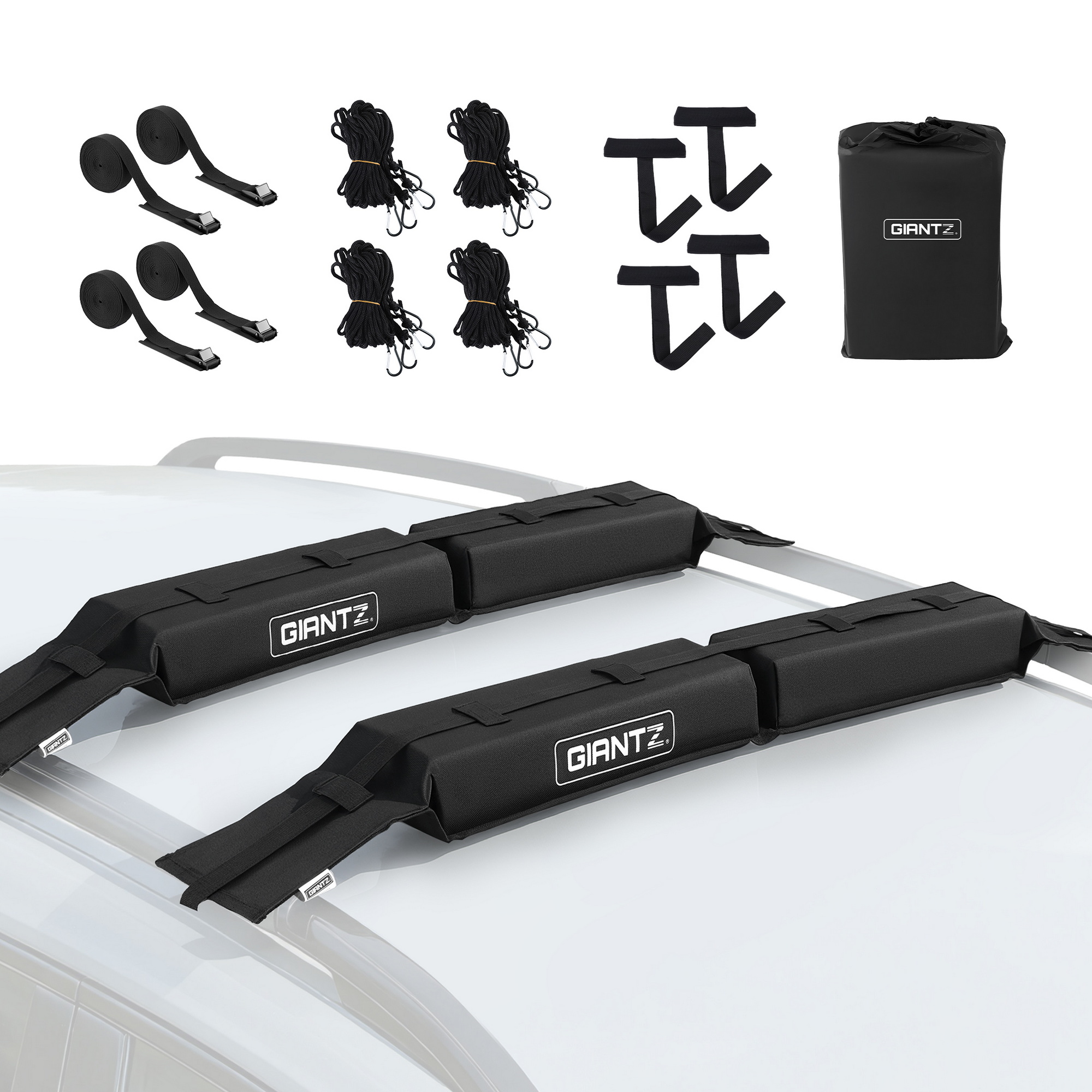 GIANTZ Kayak Roof Rack for Car, Universal Soft Roof Rack Pads for Surfboard SUP Canoe, Roof Bars for SUV Sedan without Side Rails, Portable Cross Bars with 4.5m Tie Down Straps & Ropes, 80kg Capacity - Image 1
