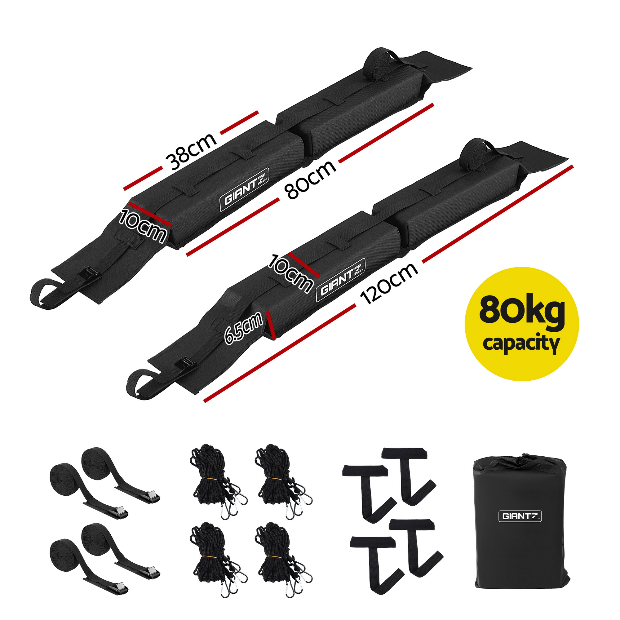 GIANTZ Kayak Roof Rack for Car, Universal Soft Roof Rack Pads for Surfboard SUP Canoe, Roof Bars for SUV Sedan without Side Rails, Portable Cross Bars with 4.5m Tie Down Straps & Ropes, 80kg Capacity - Image 2