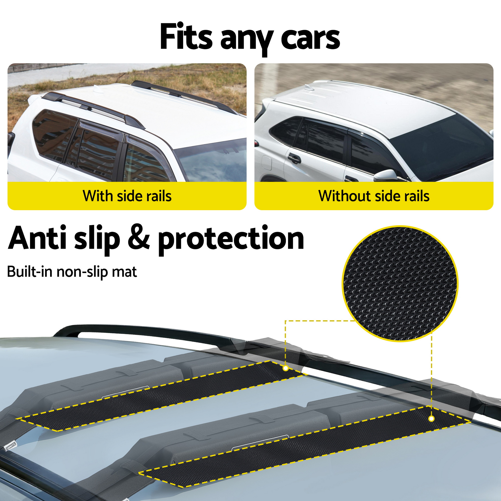 GIANTZ Kayak Roof Rack for Car, Universal Soft Roof Rack Pads for Surfboard SUP Canoe, Roof Bars for SUV Sedan without Side Rails, Portable Cross Bars with 4.5m Tie Down Straps & Ropes, 80kg Capacity - Image 4
