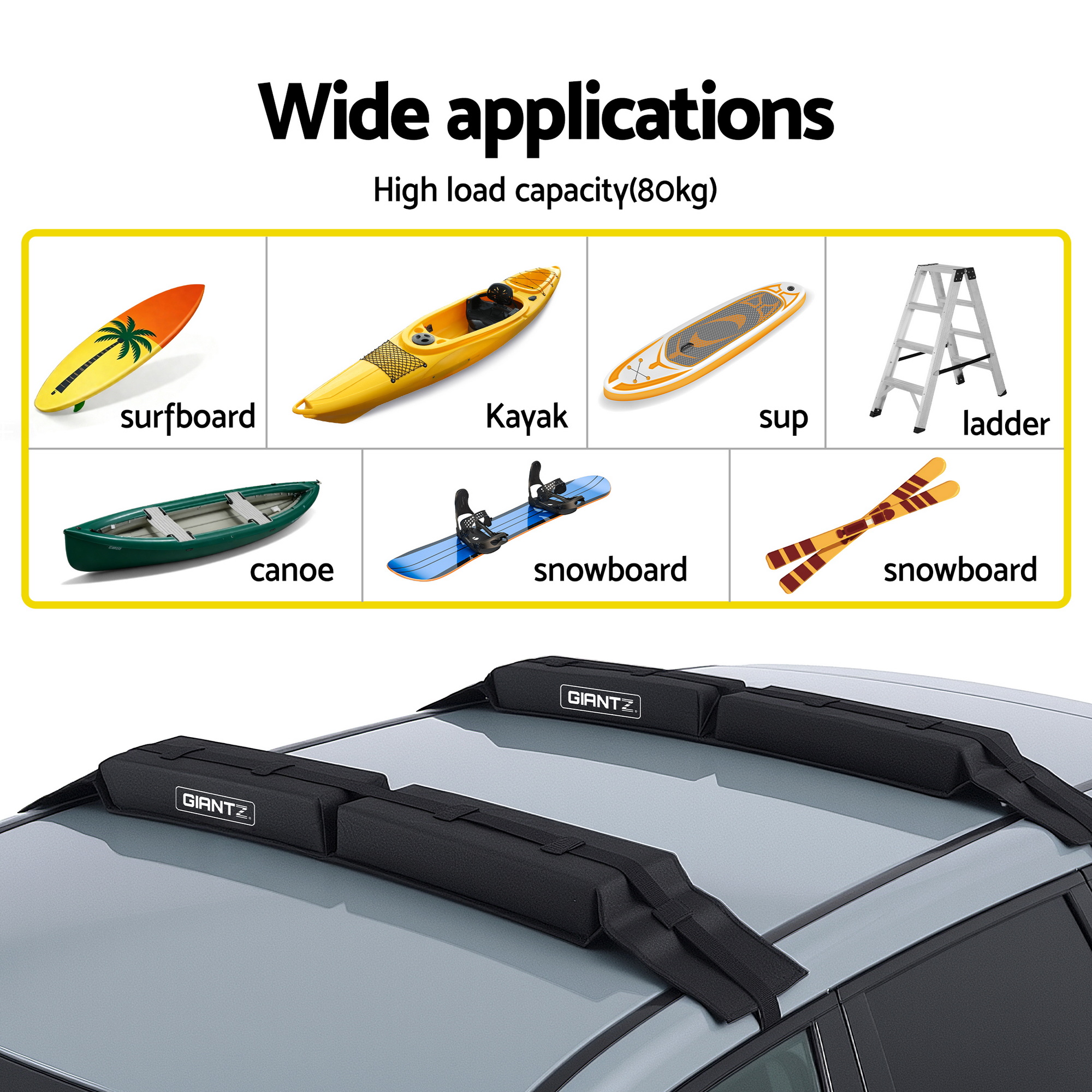 GIANTZ Kayak Roof Rack for Car, Universal Soft Roof Rack Pads for Surfboard SUP Canoe, Roof Bars for SUV Sedan without Side Rails, Portable Cross Bars with 4.5m Tie Down Straps & Ropes, 80kg Capacity - Image 5