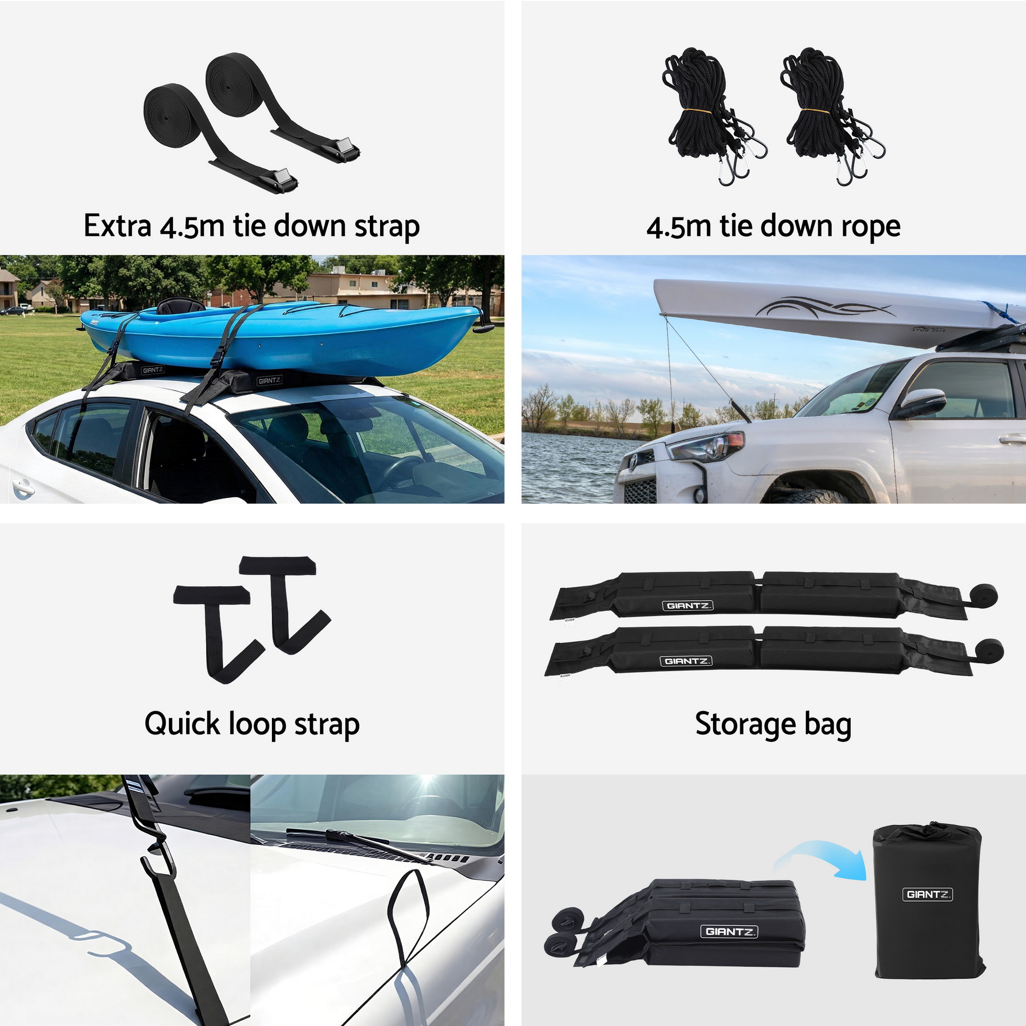 GIANTZ Kayak Roof Rack for Car, Universal Soft Roof Rack Pads for Surfboard SUP Canoe, Roof Bars for SUV Sedan without Side Rails, Portable Cross Bars with 4.5m Tie Down Straps & Ropes, 80kg Capacity - Image 7