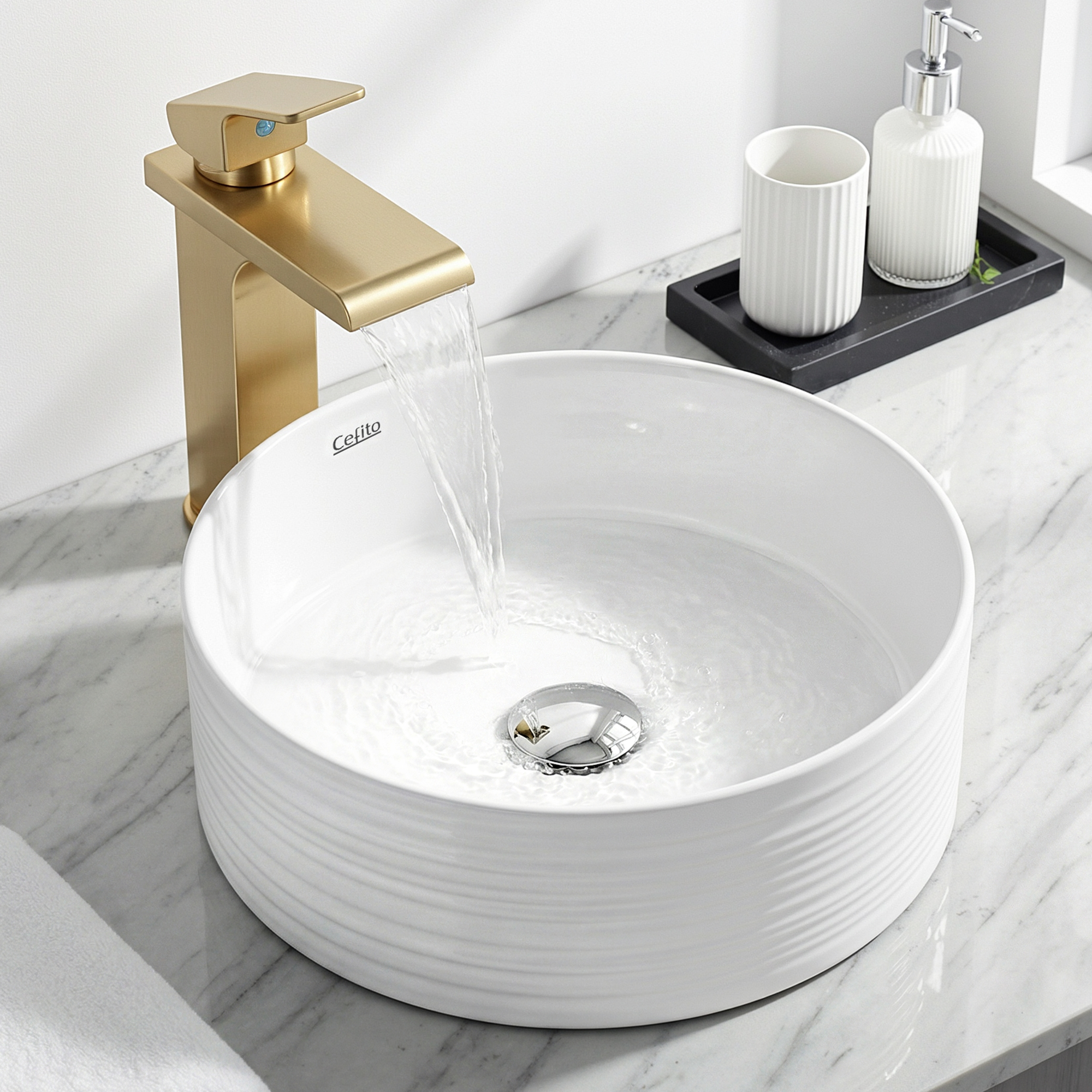 Cefito Bathroom Basin Vanity Sink Vessel Ceramic White Round Countertop 36cm - Image 1