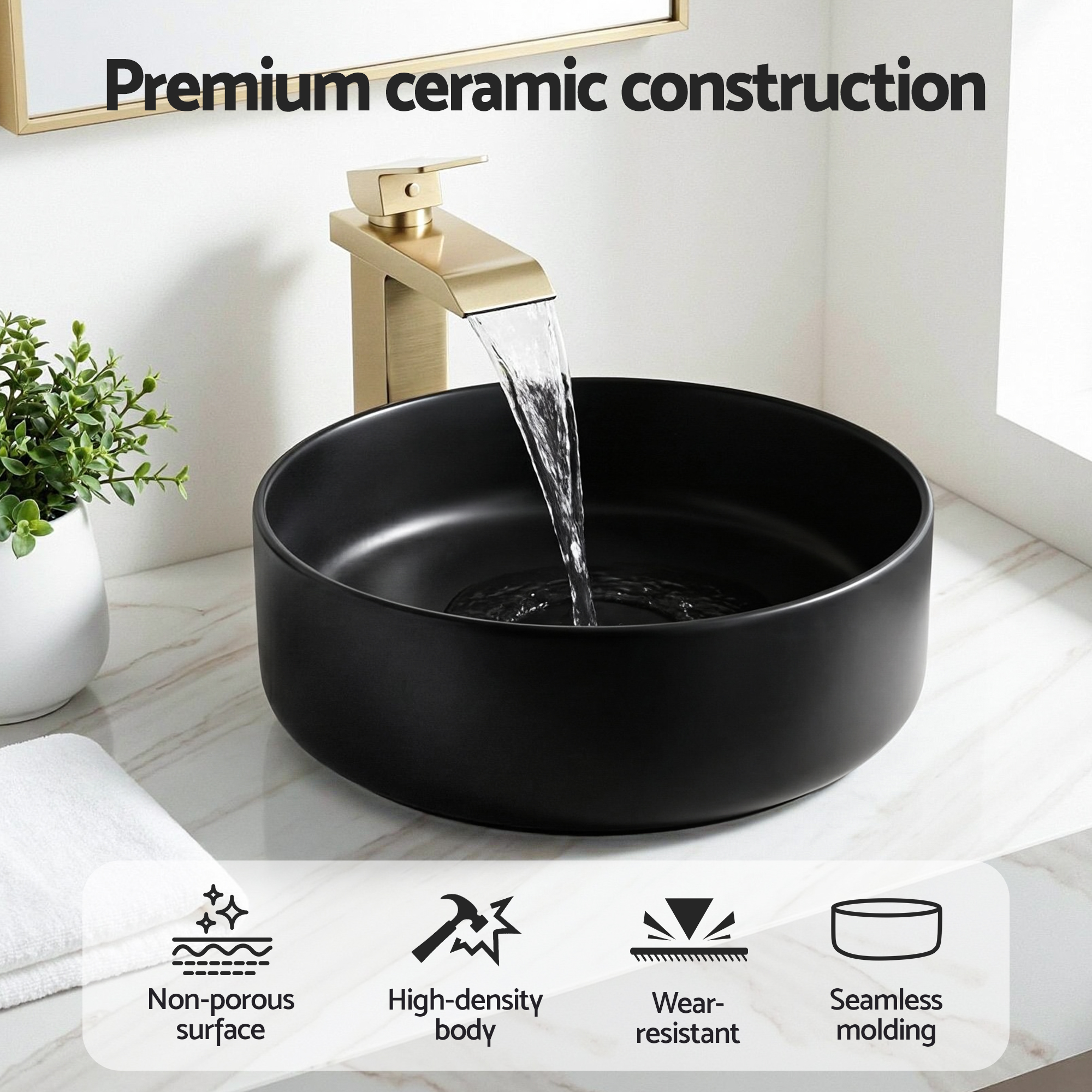 Cefito Bathroom Basin Ceramic Vanity Sink Vessel Bowl Wash Matte Black Round Countertop - Image 5