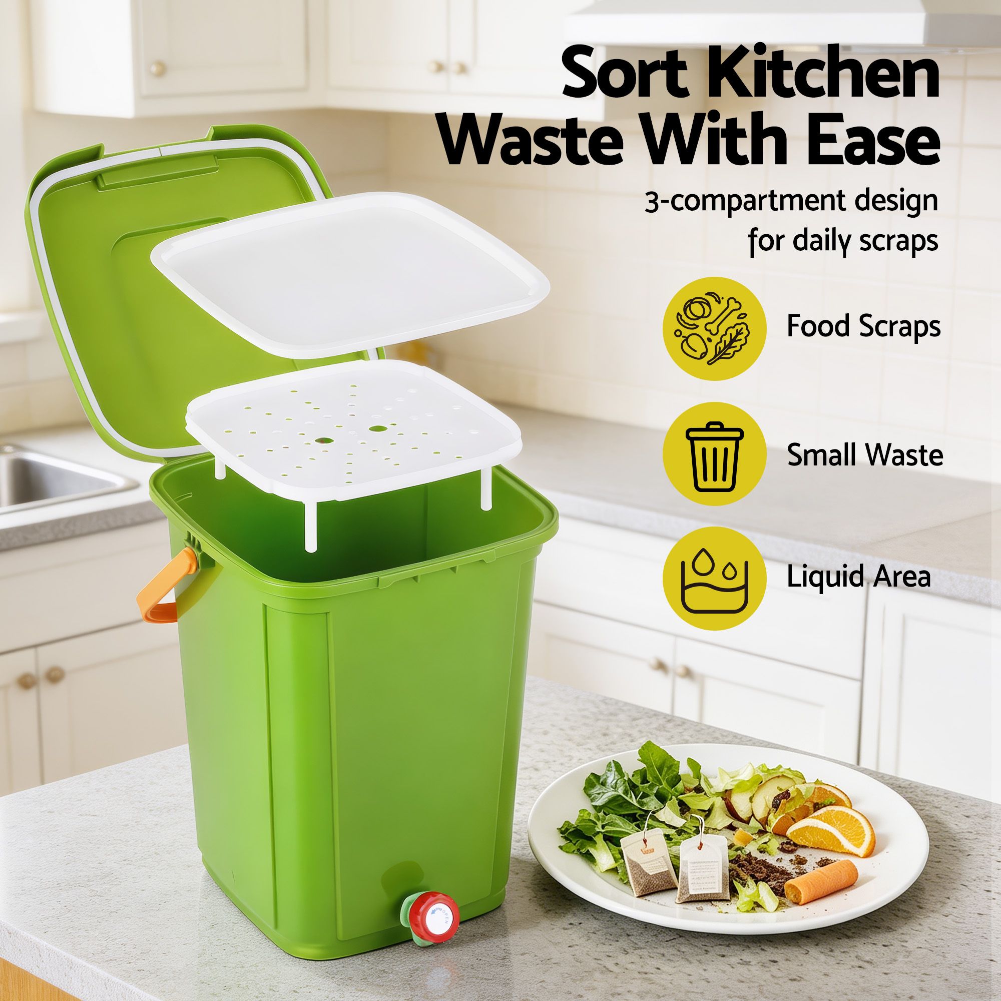 Gardeon 20L Kitchen Compost Bin Food Waste Caddy Drain Tap Green - Image 4