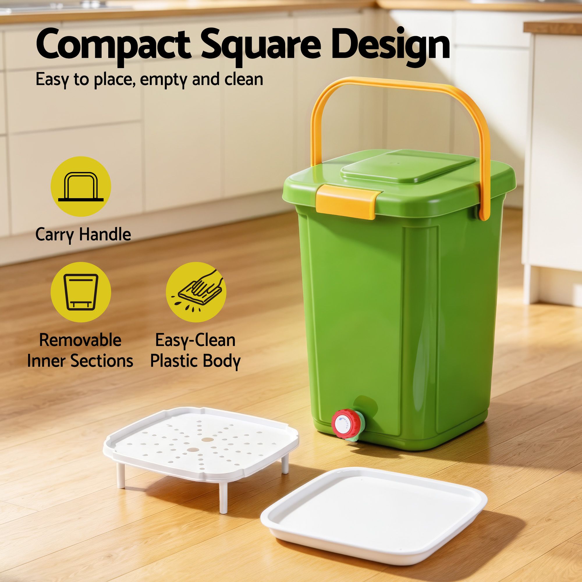 Gardeon 20L Kitchen Compost Bin Food Waste Caddy Drain Tap Green - Image 8