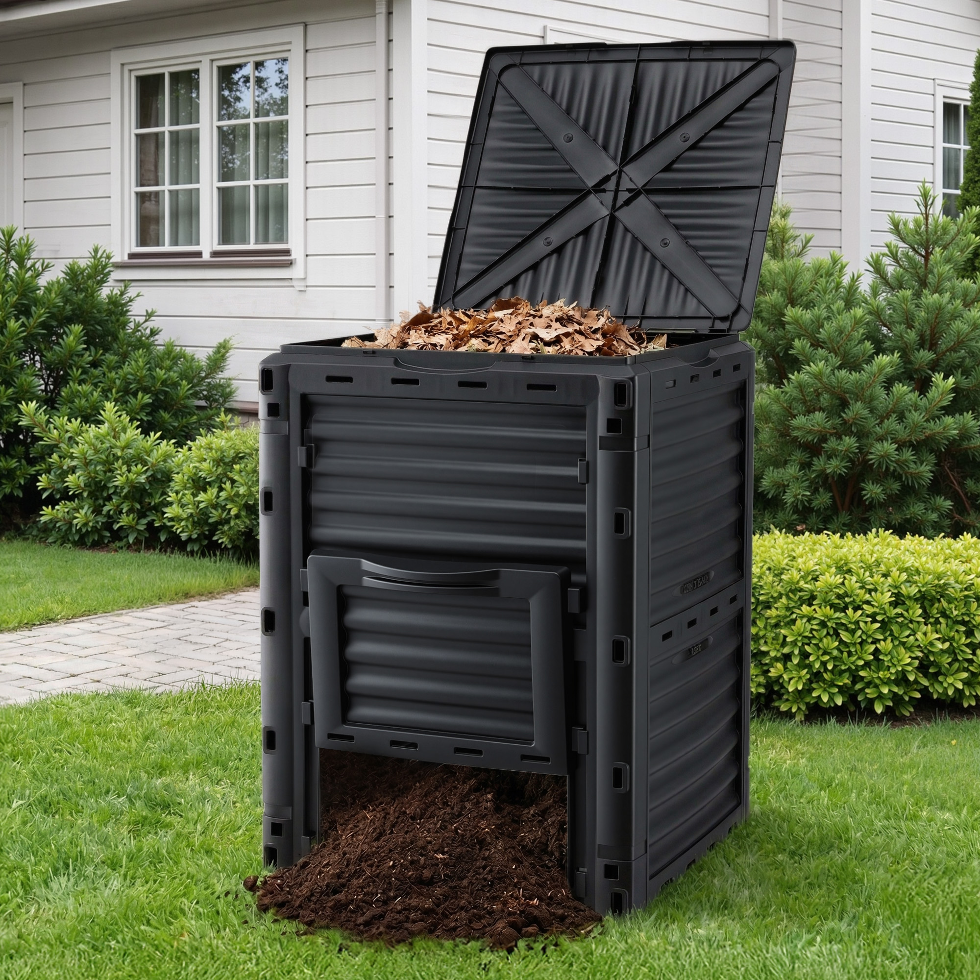 Gardeon Compost Bin 300L Heavy-Duty Black Outdoor Composter with Top Lid Bottom Door - Image 1