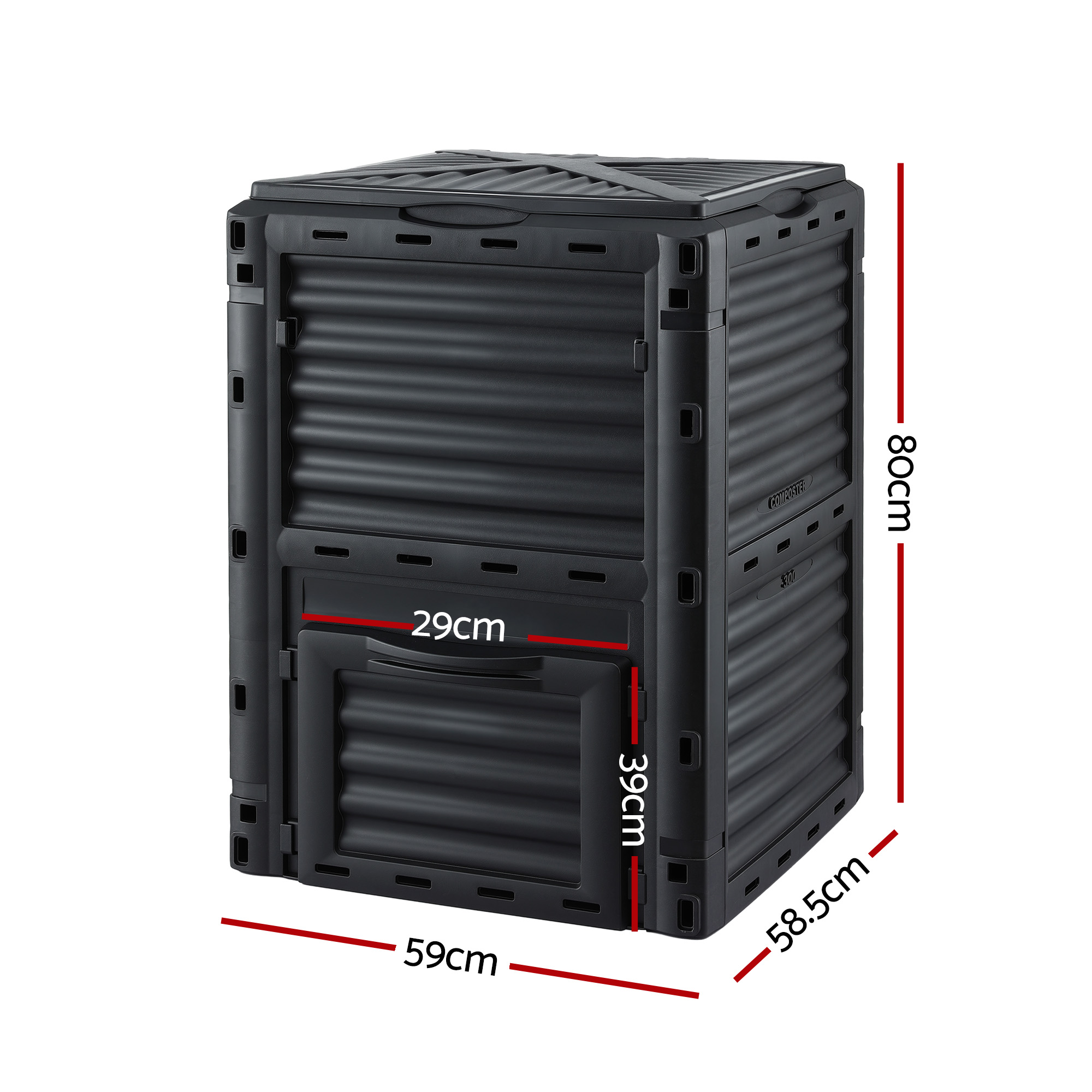 Gardeon Compost Bin 300L Heavy-Duty Black Outdoor Composter with Top Lid Bottom Door - Image 2