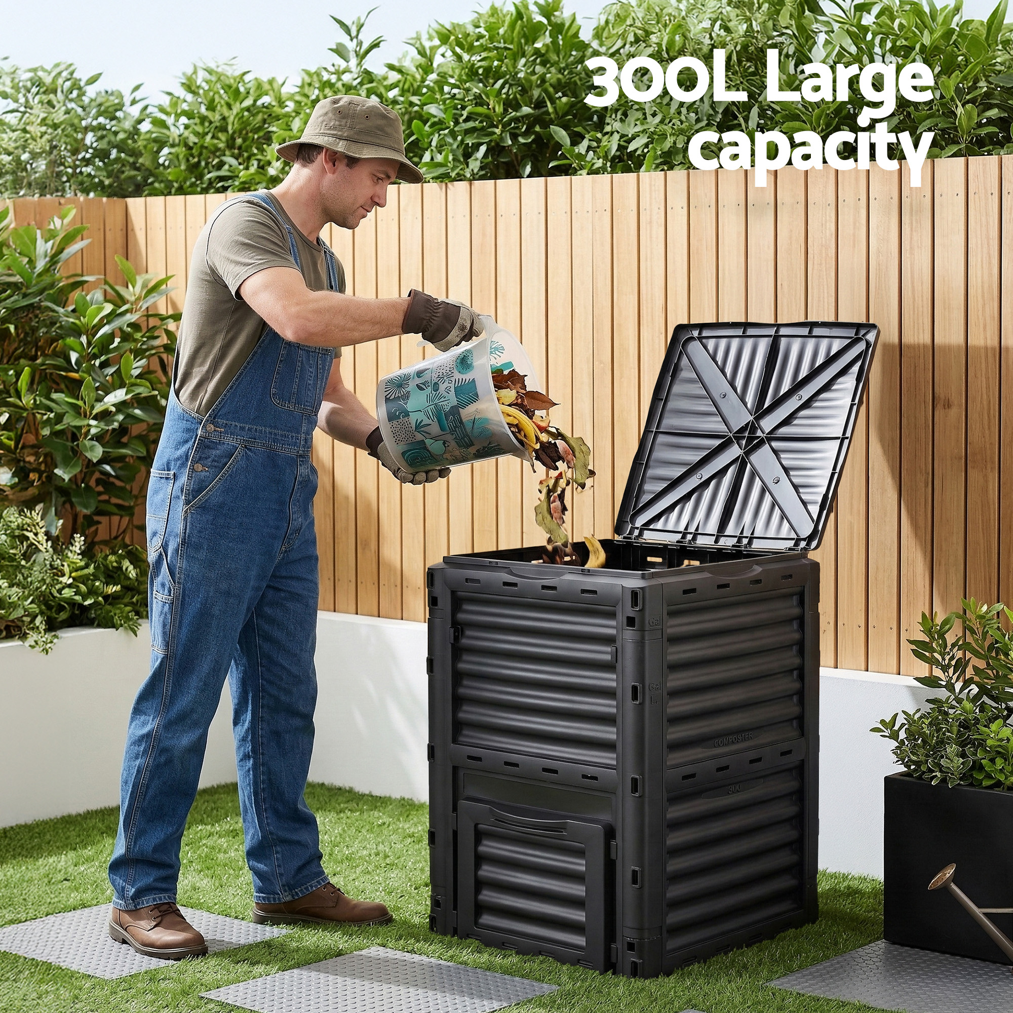 Gardeon Compost Bin 300L Heavy-Duty Black Outdoor Composter with Top Lid Bottom Door - Image 4