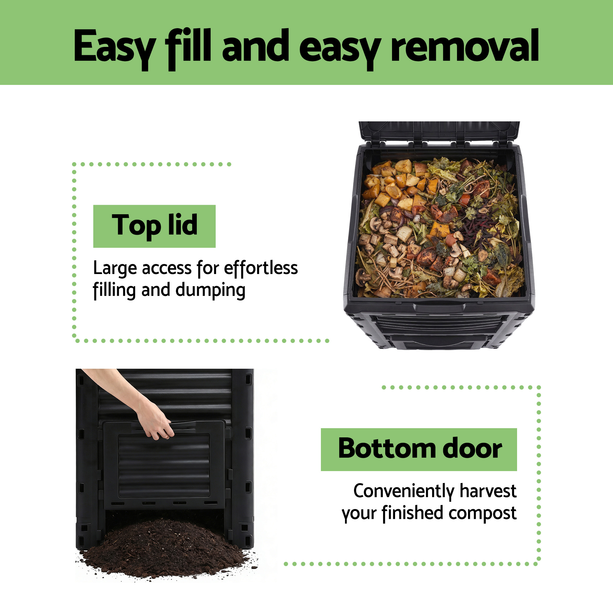 Gardeon Compost Bin 300L Heavy-Duty Black Outdoor Composter with Top Lid Bottom Door - Image 5