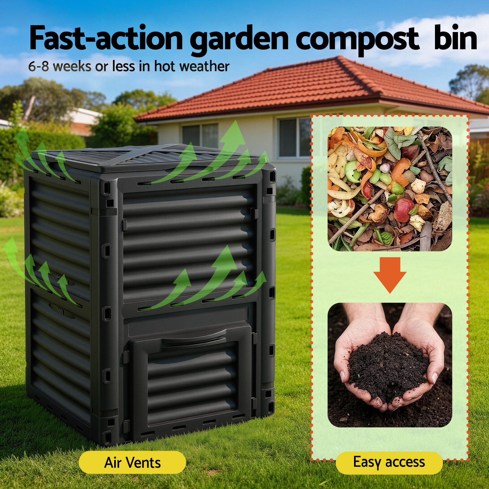 Gardeon Compost Bin 300L Heavy-Duty Black Outdoor Composter with Top Lid Bottom Door - Image 6