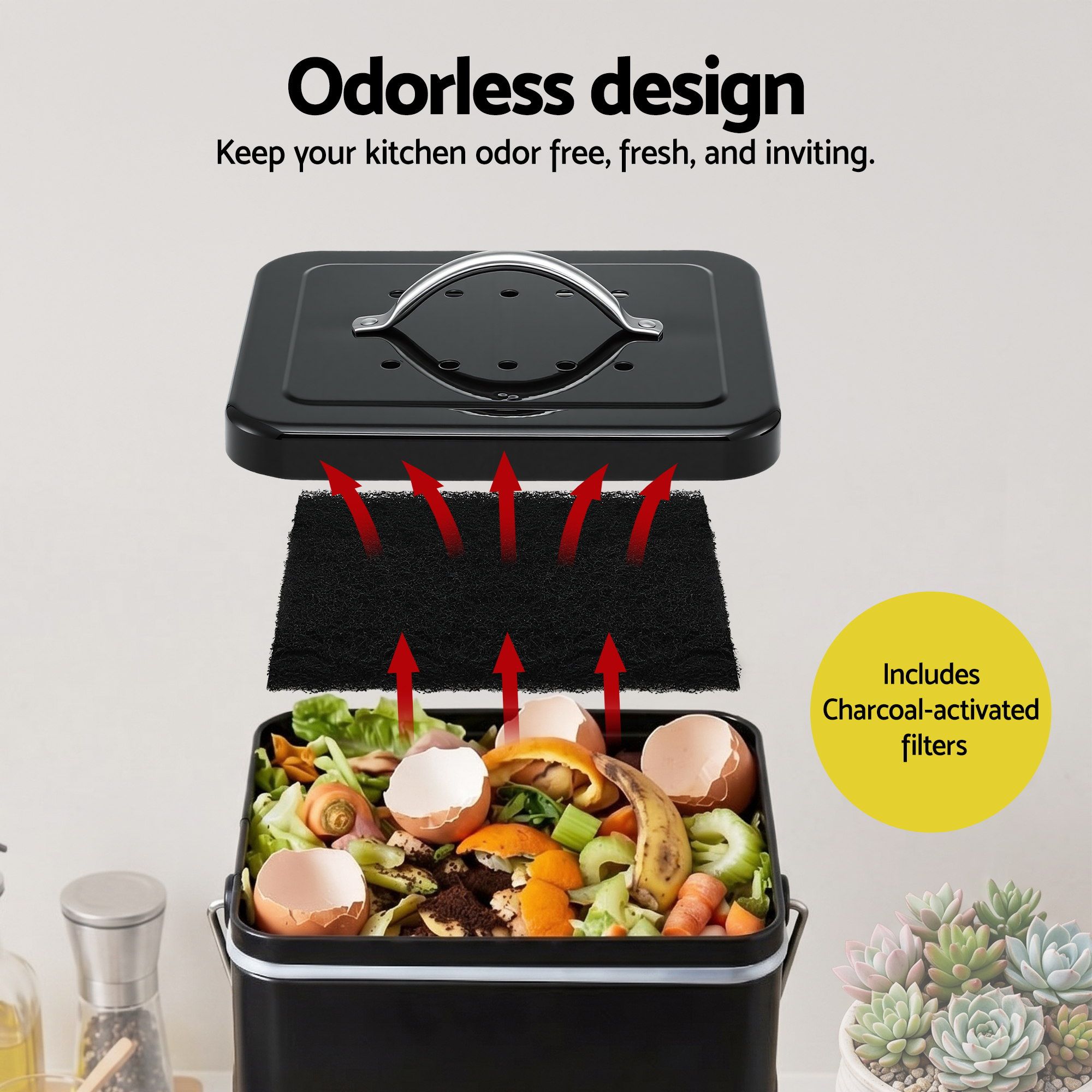 Gardeon 5L Compost Bin Kitchen Countertop Food Waste Caddy Black - Image 4
