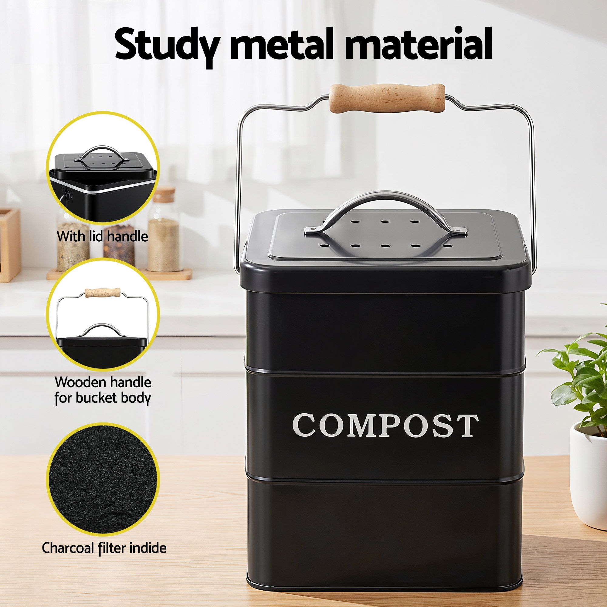 Gardeon 5L Compost Bin Kitchen Countertop Food Waste Caddy Black - Image 5