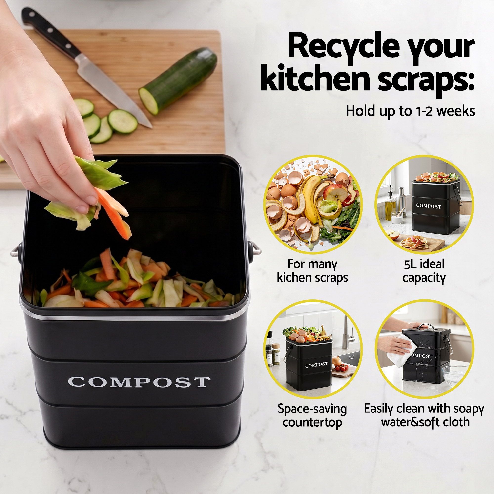 Gardeon 5L Compost Bin Kitchen Countertop Food Waste Caddy Black - Image 6