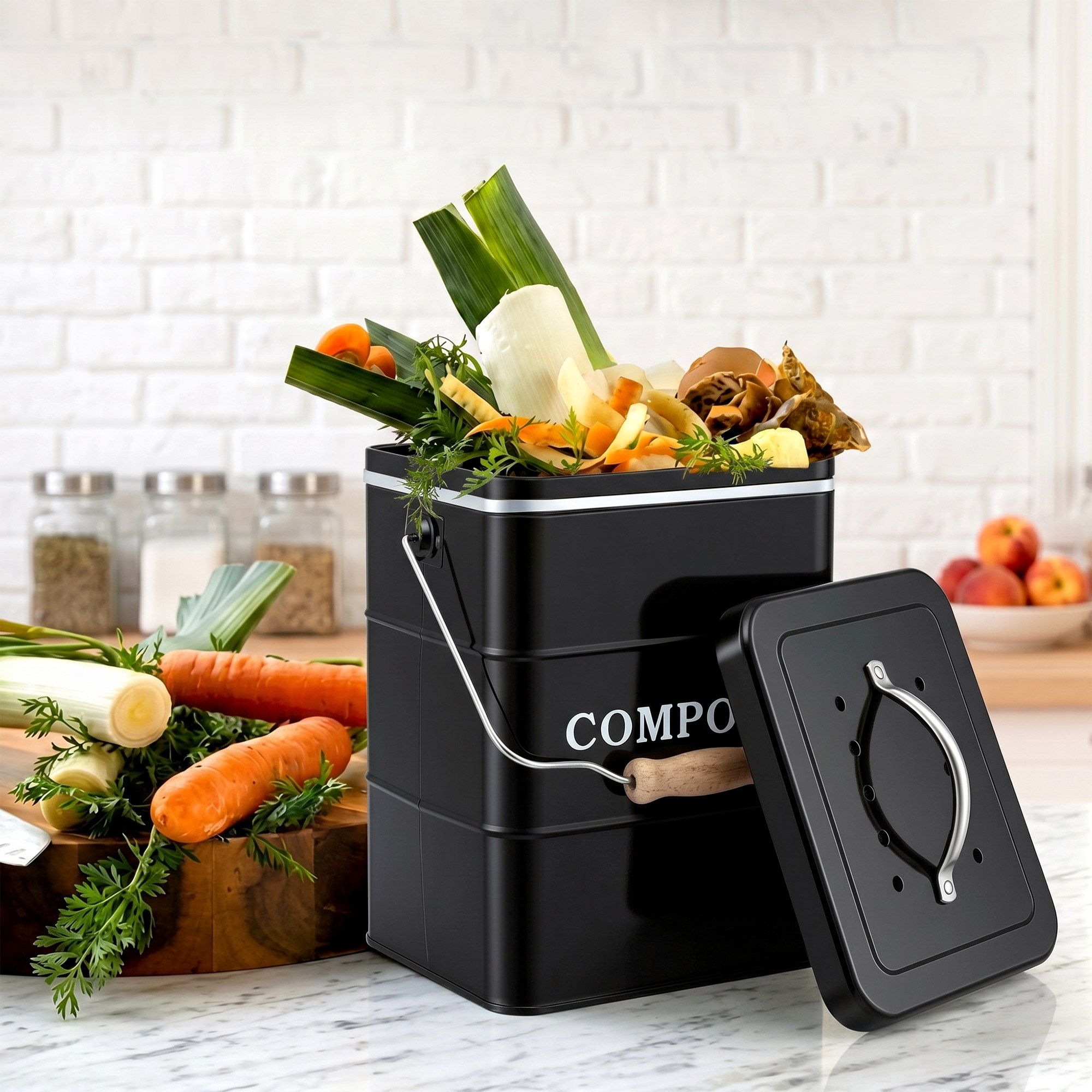 Gardeon 5L Compost Bin Kitchen Countertop Food Waste Caddy Black - Image 8