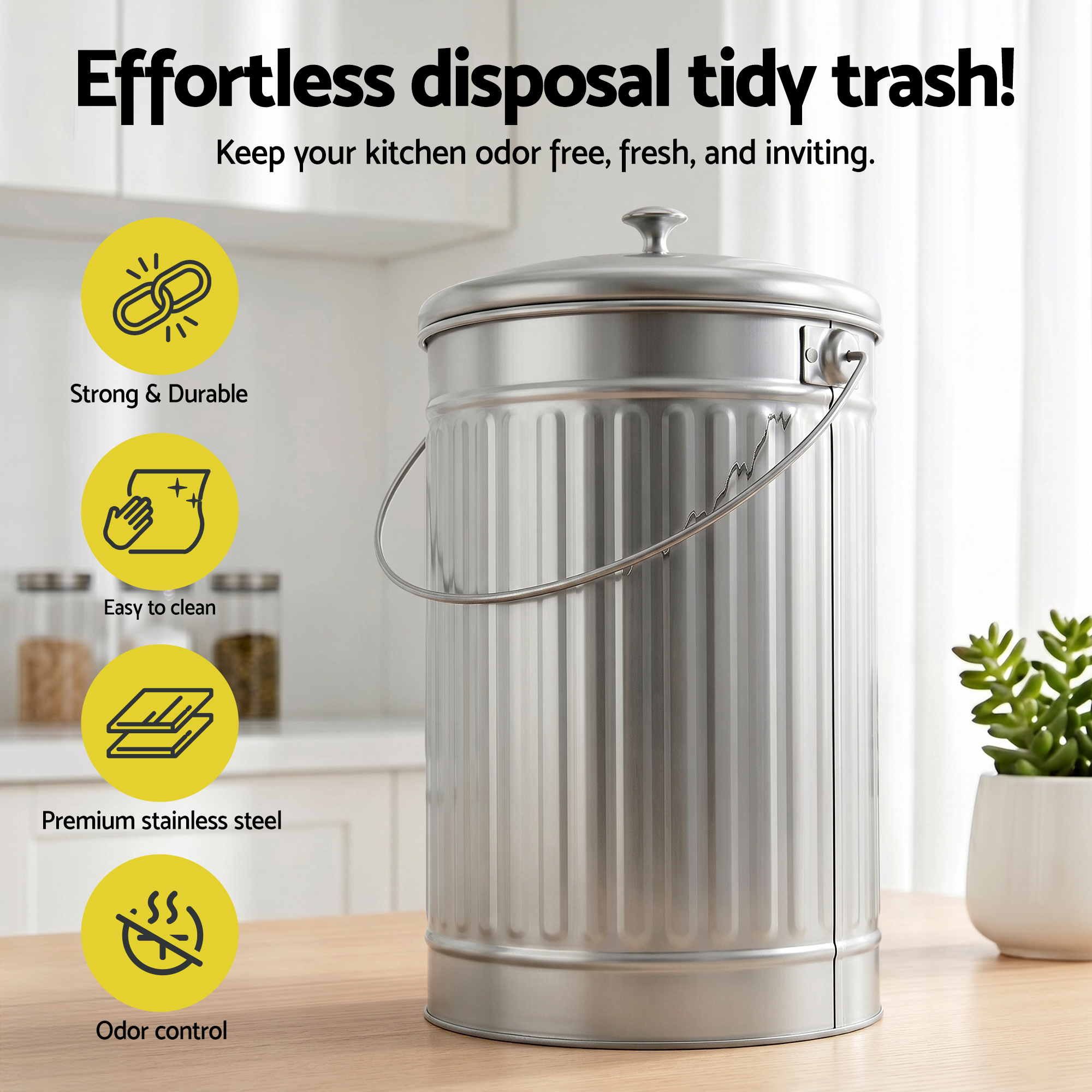 Gardeon Compost Bin Kitchen Countertop Food Waste Caddy 6L Silver - Image 4
