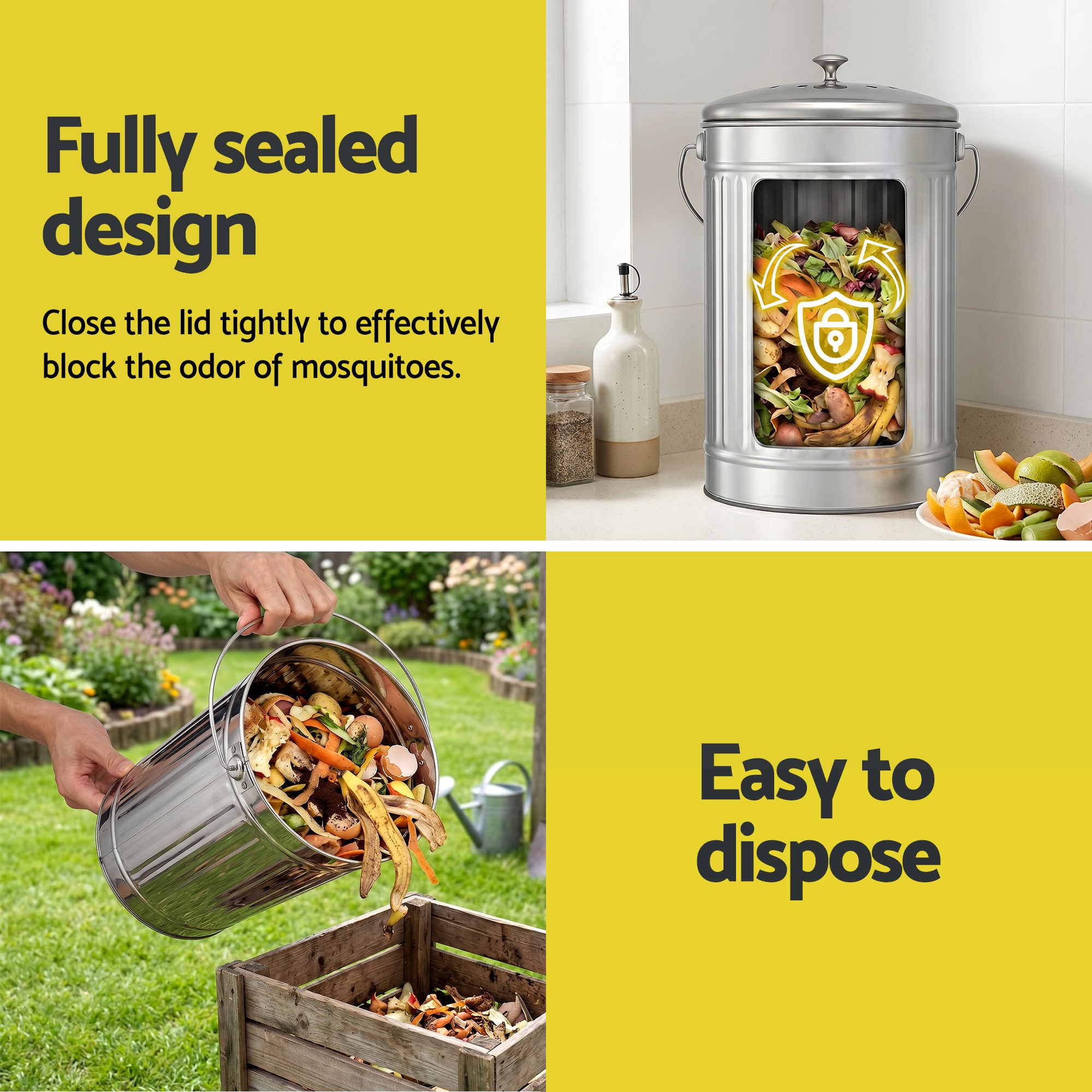 Gardeon Compost Bin Kitchen Countertop Food Waste Caddy 6L Silver - Image 5